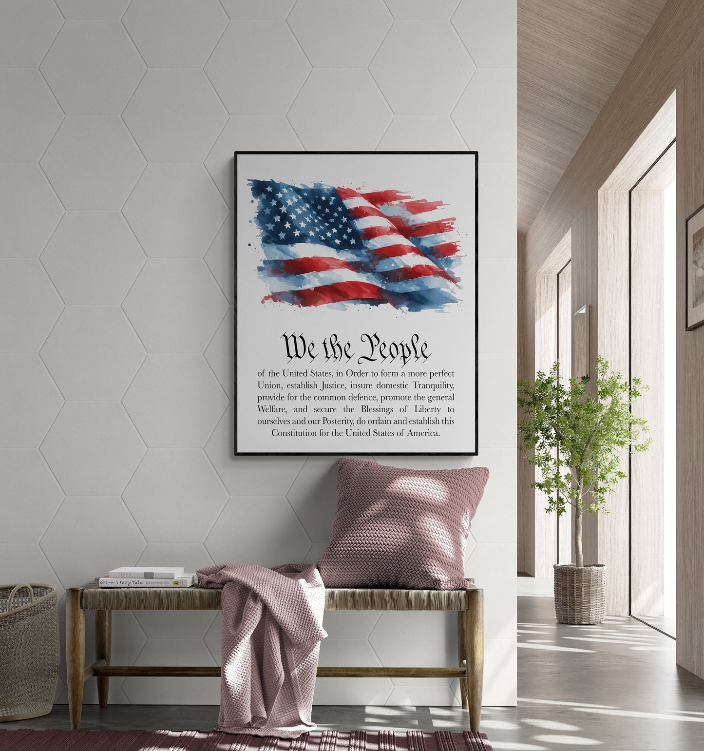 We the People Preamble Art Print – Watercolor American Flag – U.S. Constitution Patriotic Wall Artwork – Historical Home Decor Poster