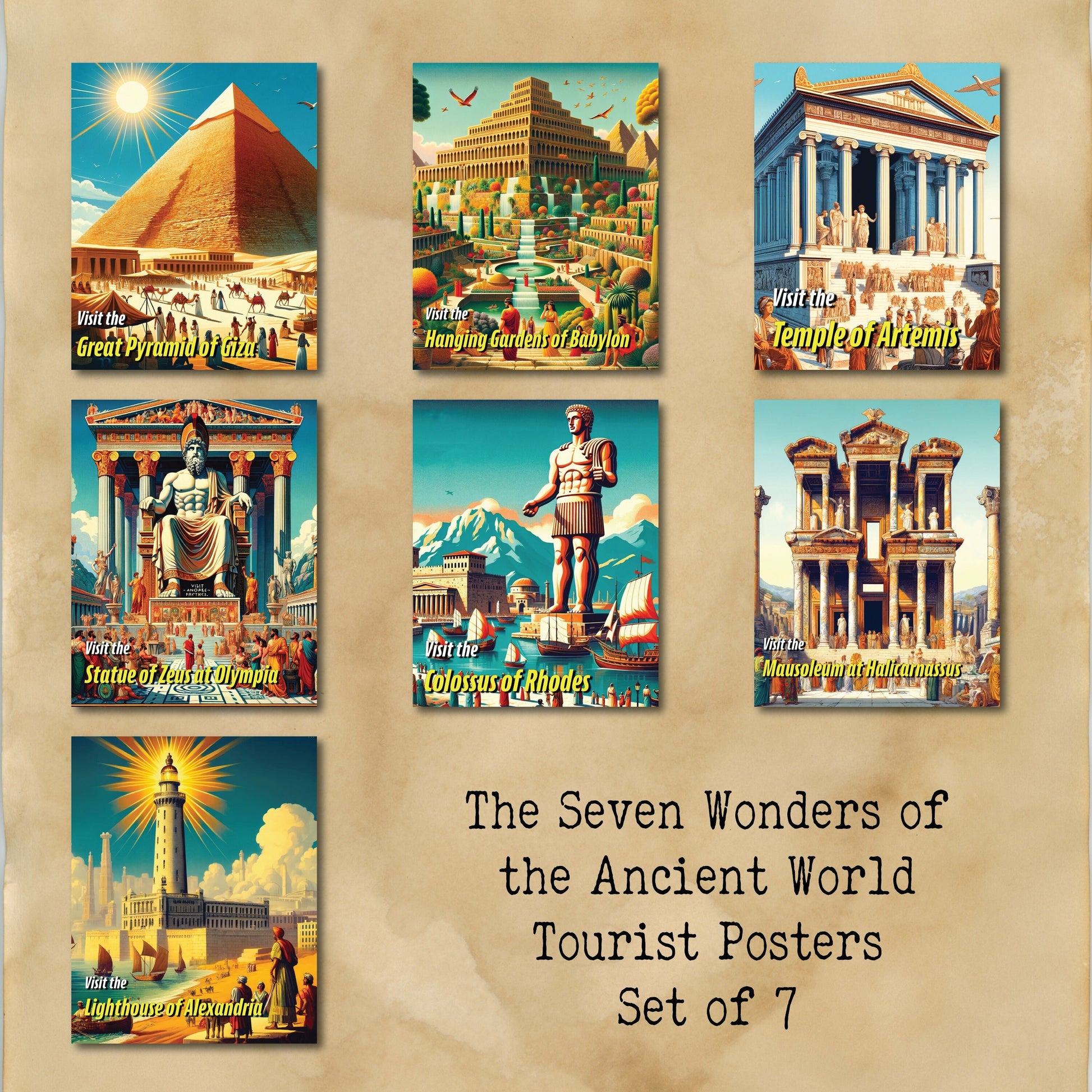 The Pyramid of Giza | Seven Wonders of the Ancient World Tourist Poster | Travel | Cultural Home Decor | History | Wall Art Print