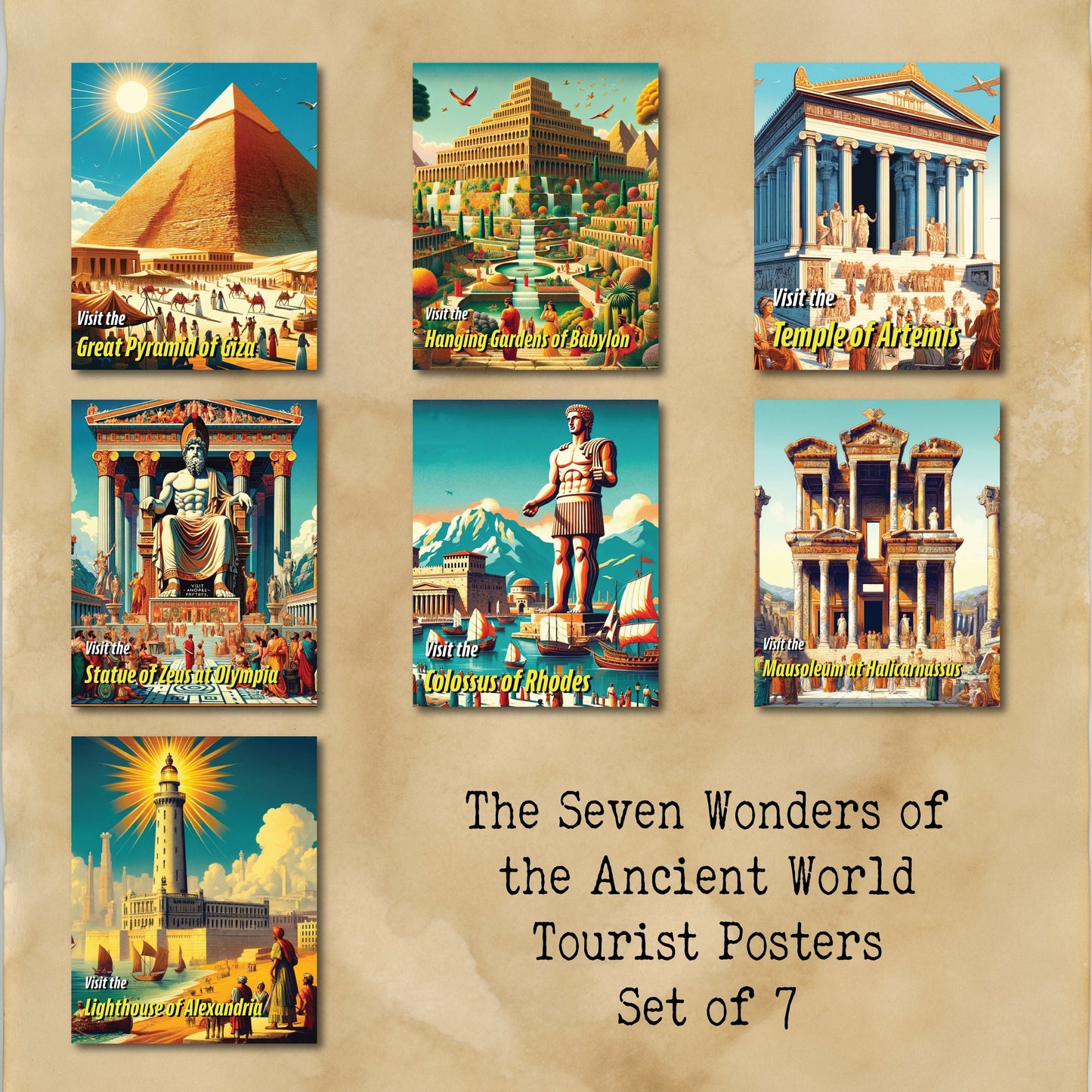 The Colossus of Rhodes | Seven Wonders of the Ancient World Tourist Poster | Travel | Cultural Home Decor | History | Wall Art Print