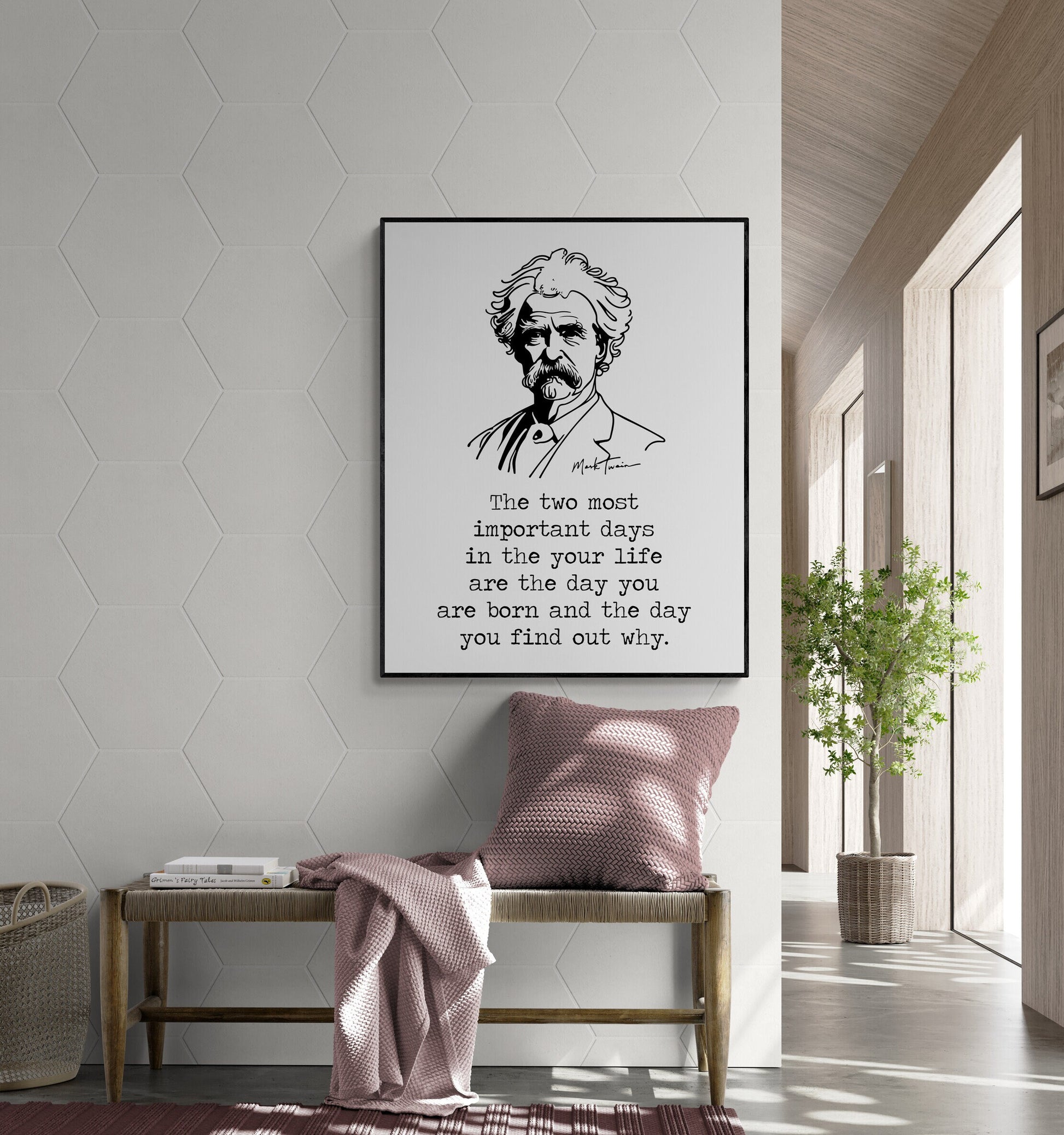 Mark Twain Quote Art Print | The Two Most Important Days | Inspirational | Book Line Drawing | Literary Home Decor | Living Room | Poster