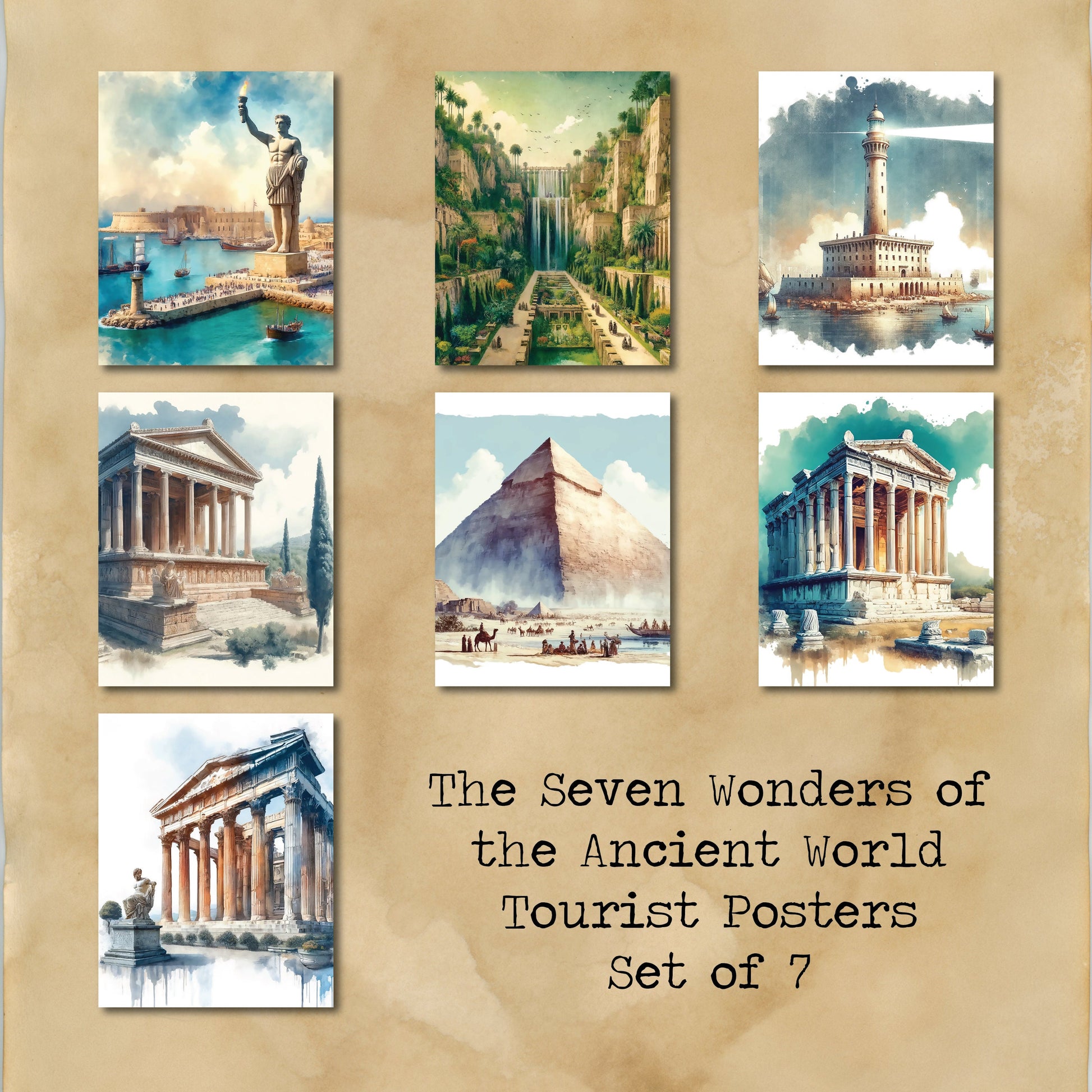 Seven Wonders of the Ancient World Tourist Poster | Travel | Cultural Home Decor | History | Wall Art Print