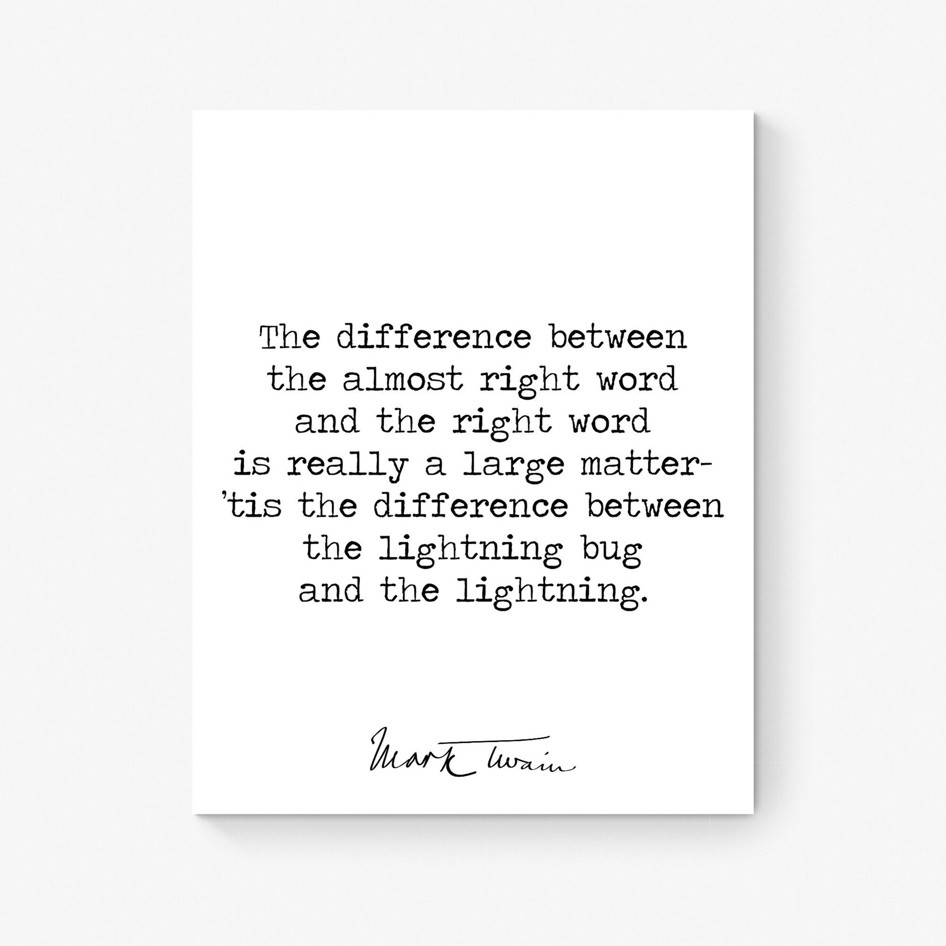 Mark Twain Quote Art Print | The Difference Between The Almost Right Word | Motivational | Literary Home Decor | Living Room | Poster