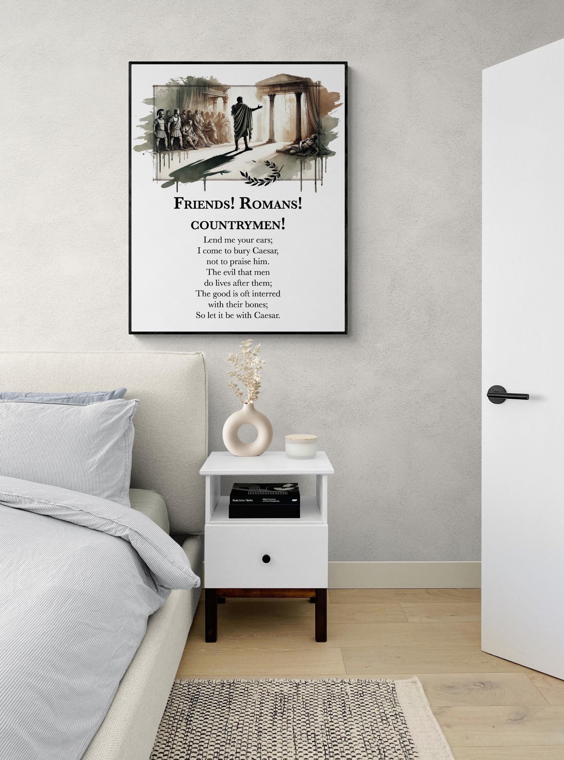 Shakespeare Julius Caesar Quote Art Print | Friends Romans Countrymen Lend Me Your Ears | Literary | Living Room | Home Decor | Poster