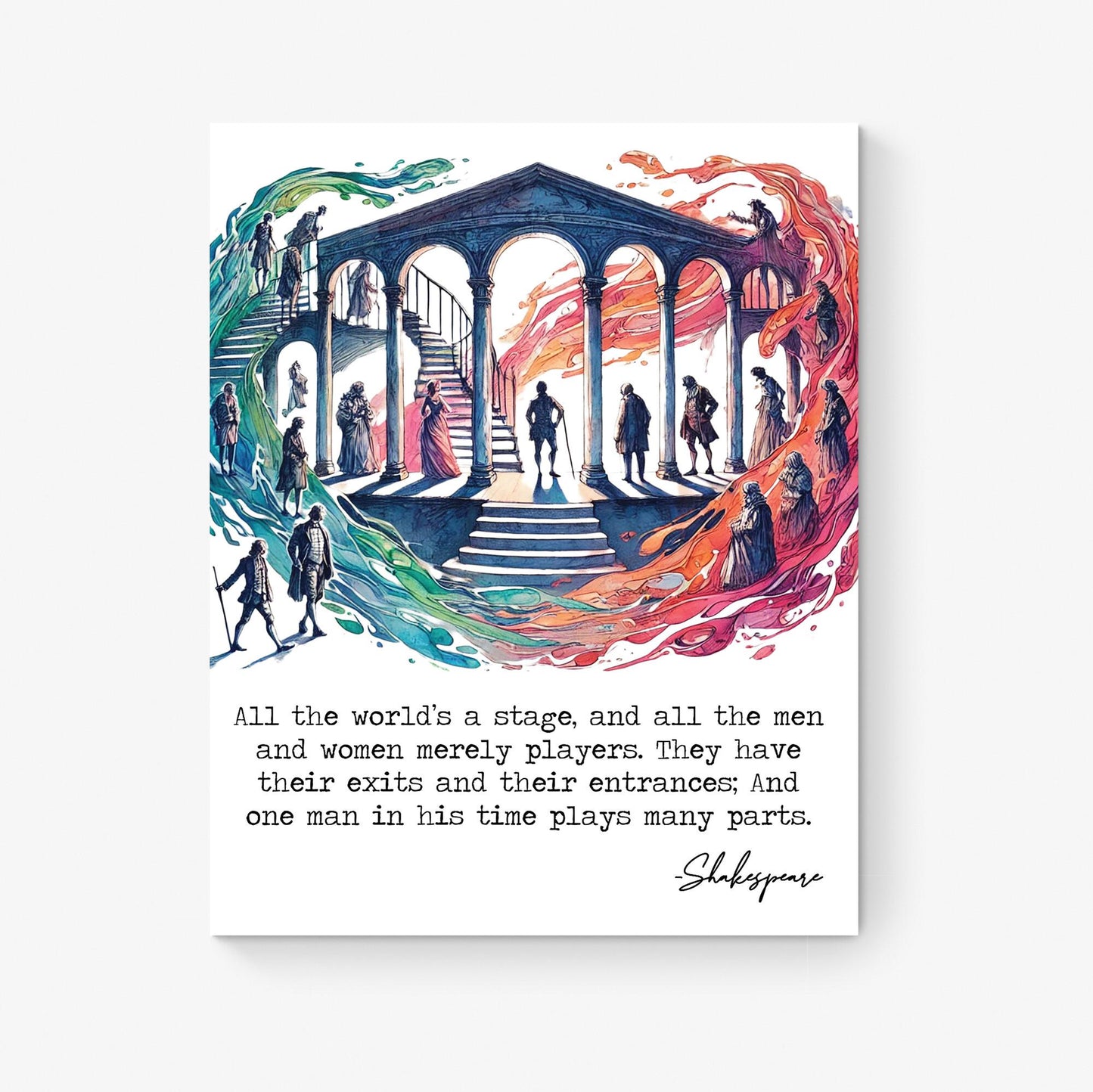 All The World's A Stage | As You Like It by William Shakespeare | Living Room Home Decor | Actors | Colorful Watercolor Sketch Art Print