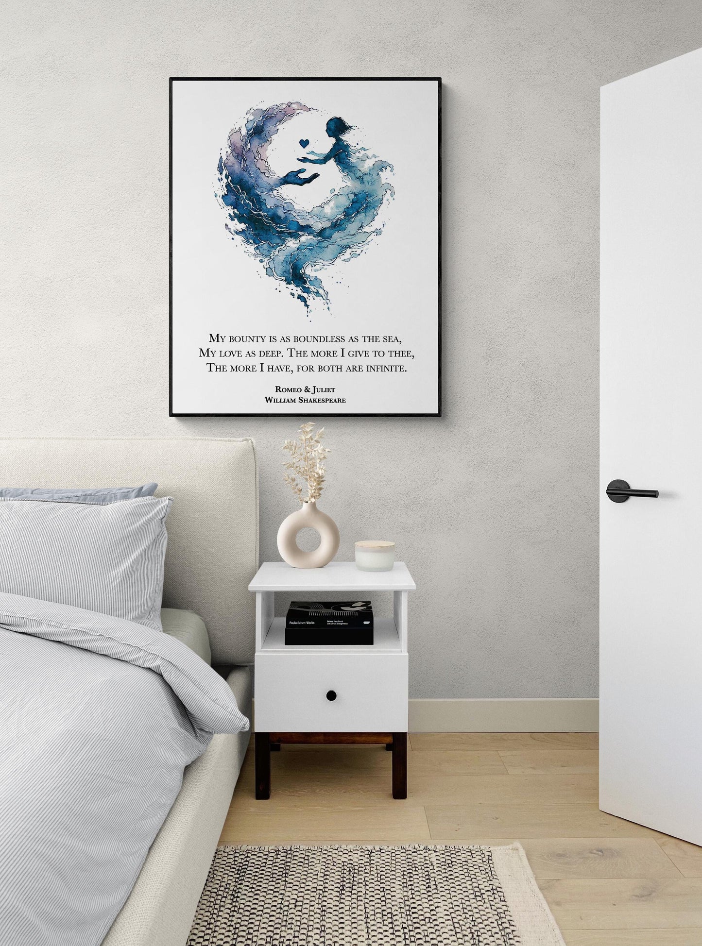 Shakespeare Quote Art Print | My Bounty Is As Boundless As The Sea My Love As Deep | Literary | Living Room | Home Decor | Watercolor Poster