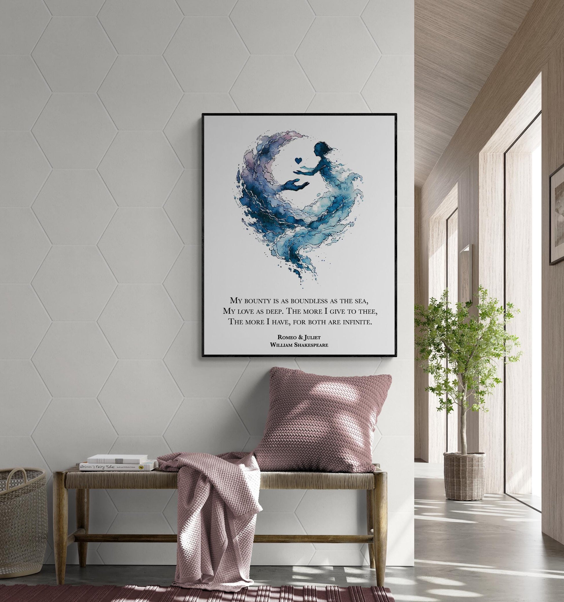 Shakespeare Quote Art Print | My Bounty Is As Boundless As The Sea My Love As Deep | Literary | Living Room | Home Decor | Watercolor Poster
