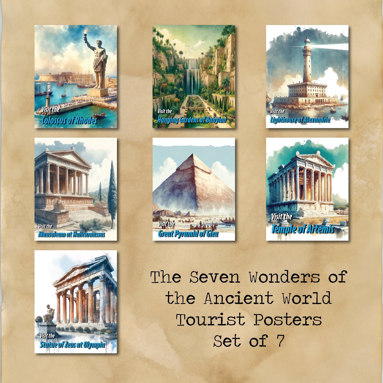 Seven Wonders of the Ancient World Tourist Poster | Travel | Cultural Home Decor | History | Watercolor Wall Art Print