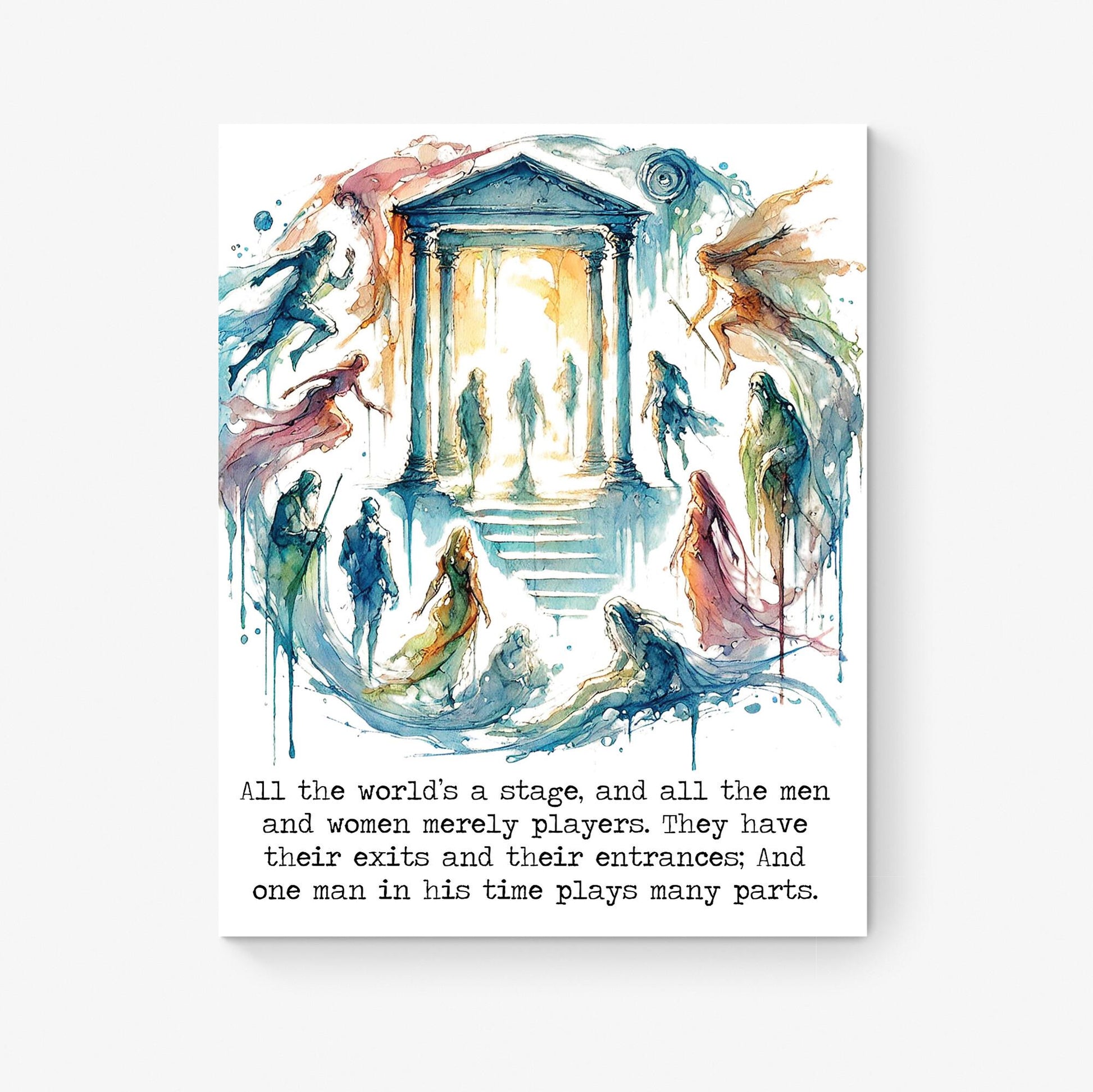 William Shakespeare Quote Art Print | All The World's A Stage | As You Like It | Living Room Home Decor | Literary Rainbow Watercolor Poster
