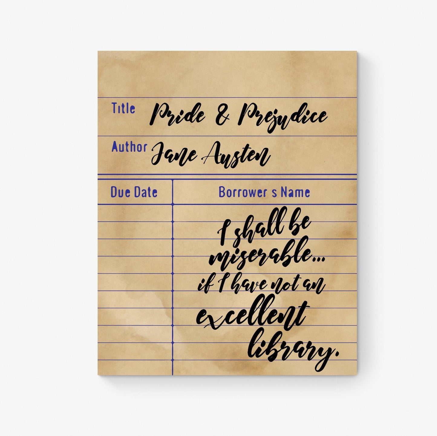 Jane Austen Quote Art Print | If I Have Not An Excellent Library | Pride & Prejudice | Home Decor | Vintage Library Card | Literary Poster