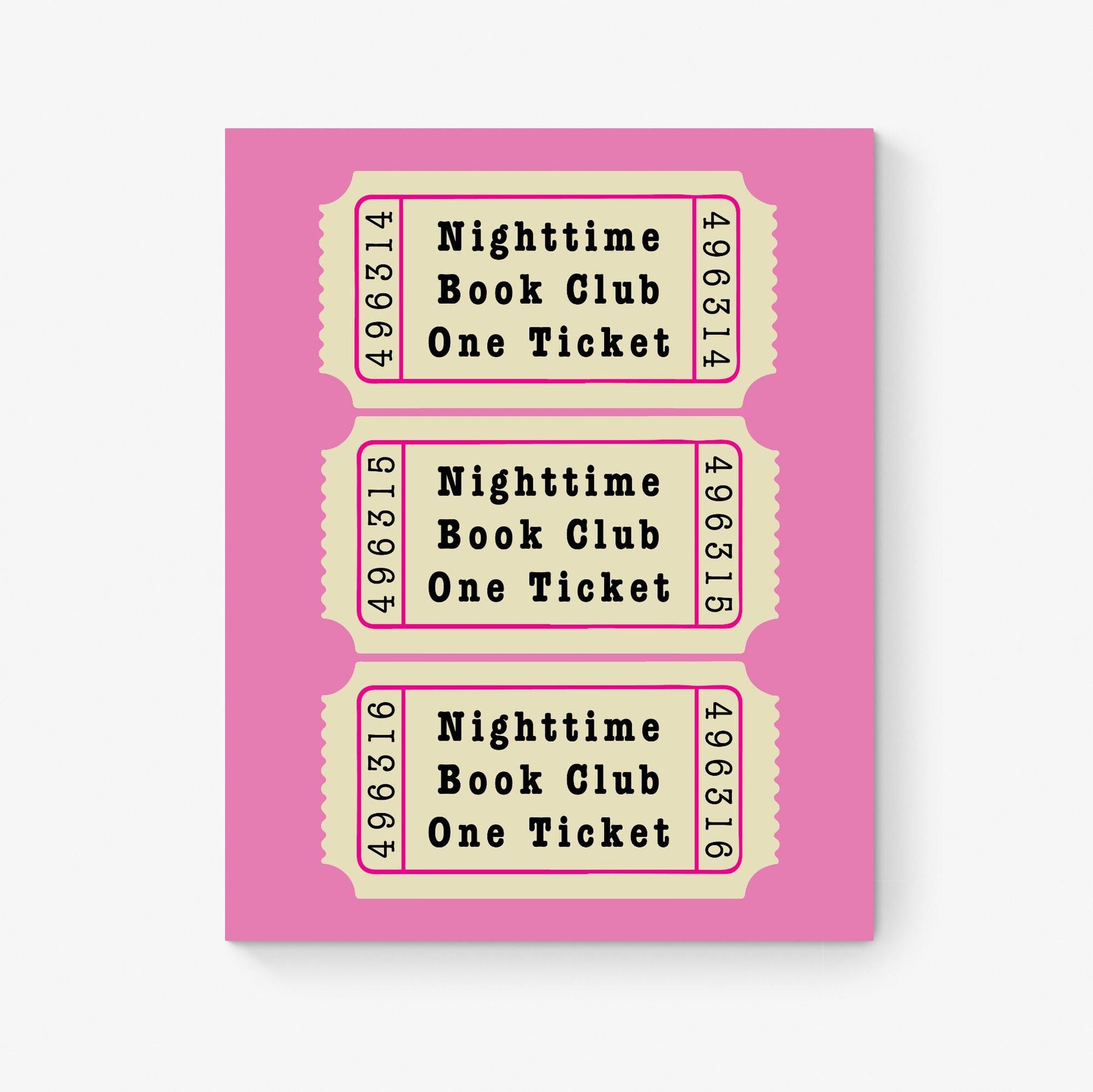 Nighttime Book Club Ticket Stub | Pink Aesthetic for Women | Bedroom Living Room | Vintage Trendy Preppy | Home Decor | Literary Art Print