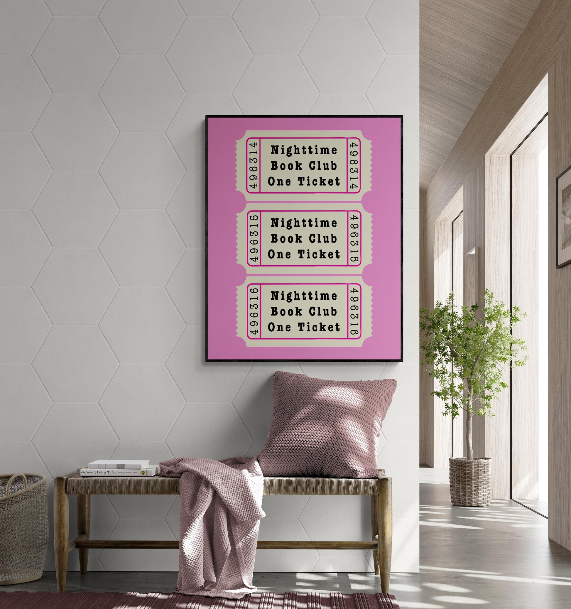 Nighttime Book Club Ticket Stub | Pink Aesthetic for Women | Bedroom Living Room | Vintage Trendy Preppy | Home Decor | Literary Art Print