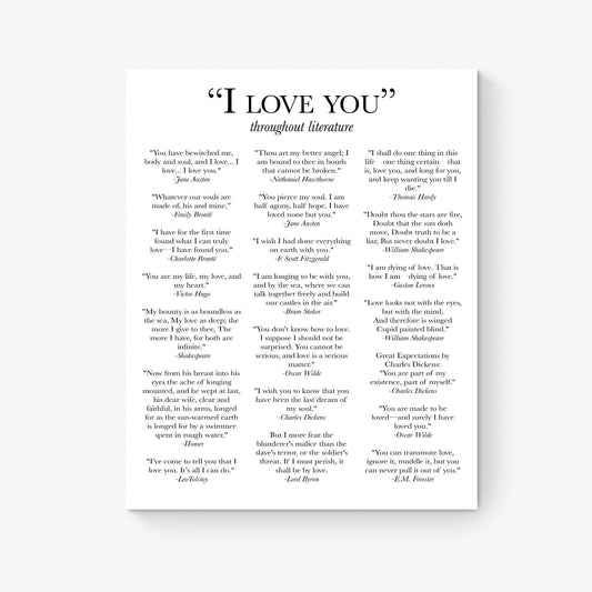 I Love You Throughout Literature | Classic Novels | English Love Literary Books | Romance | Home Decor | Typography | Art Print