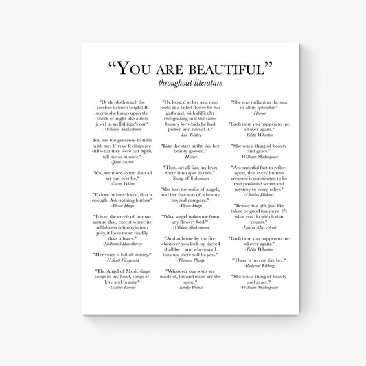 You Are Beautiful Throughout Literature | Classic Novels | English Literary Books | Brave Strong Love | Home Decor | Typography | Art Print