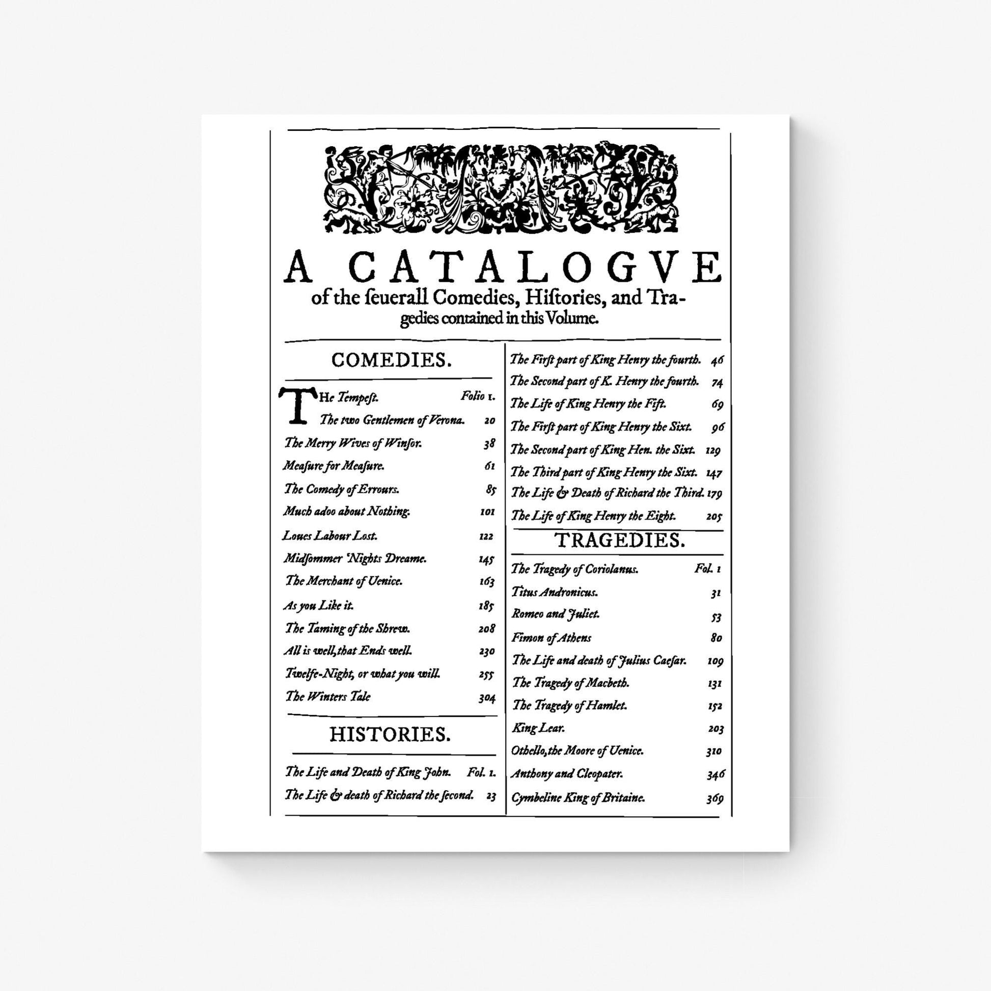 Shakespeare's 1623 First Folio Art Print | Table of Contents | Art Print | Comedies, Histories, and Tragedies | Home Decor | Literary Poster