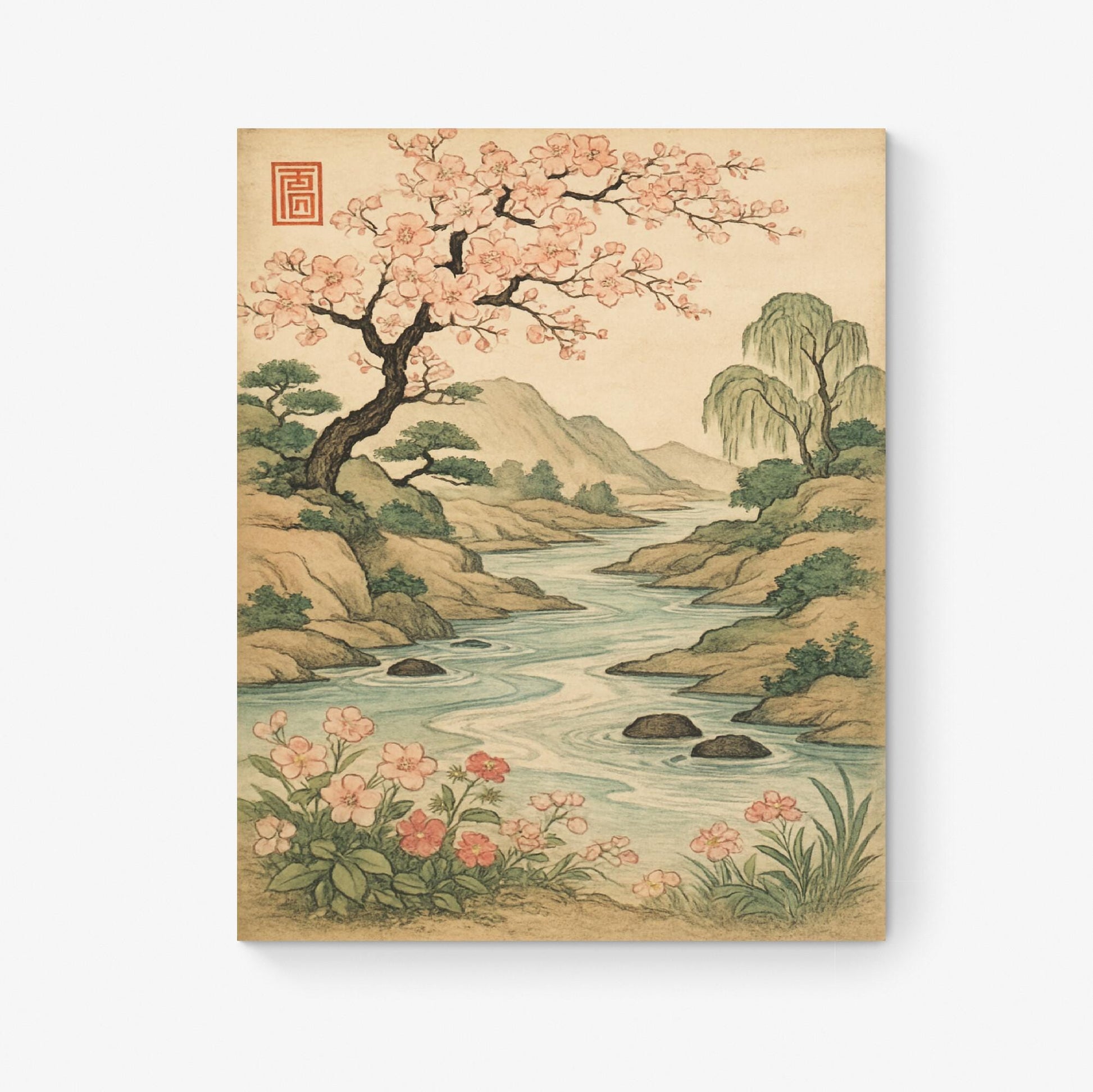 Cherry Blossom River Art Print – Living Room Home Decor – Vintage-Inspired Asian Nature Landscape Scene – Tranquil Botanical Wall Decor