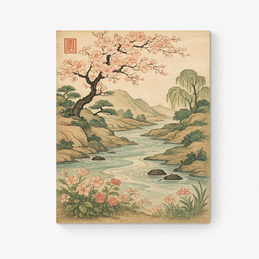 Cherry Blossom River Art Print – Living Room Home Decor – Vintage-Inspired Asian Nature Landscape Scene – Tranquil Botanical Wall Decor