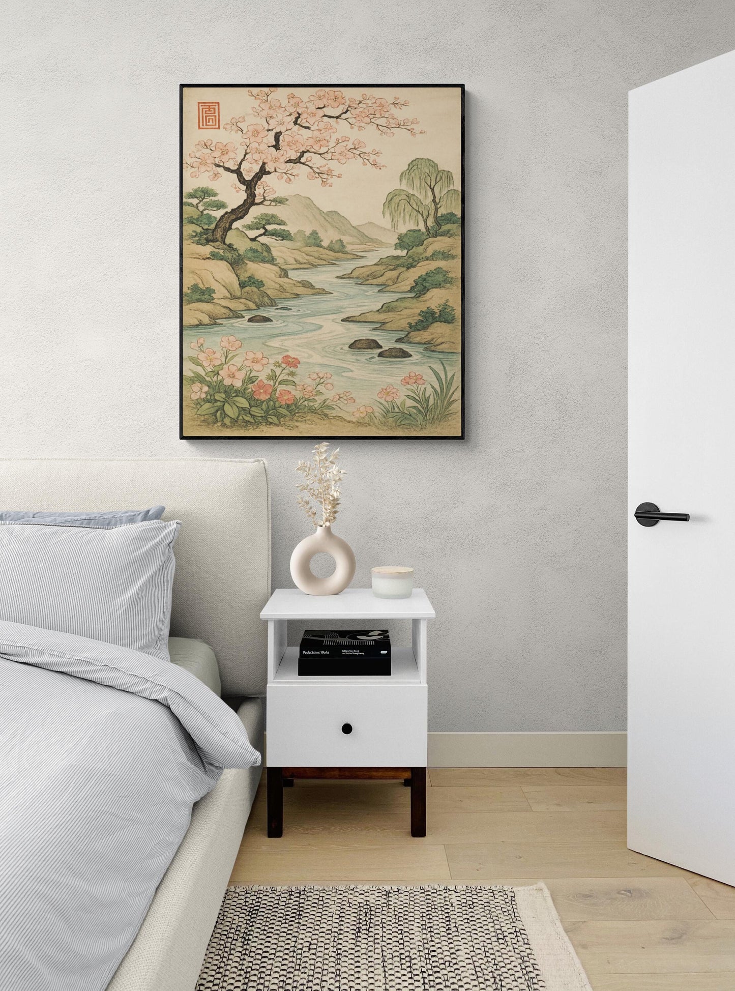 Cherry Blossom River Art Print – Living Room Home Decor – Vintage-Inspired Asian Nature Landscape Scene – Tranquil Botanical Wall Decor