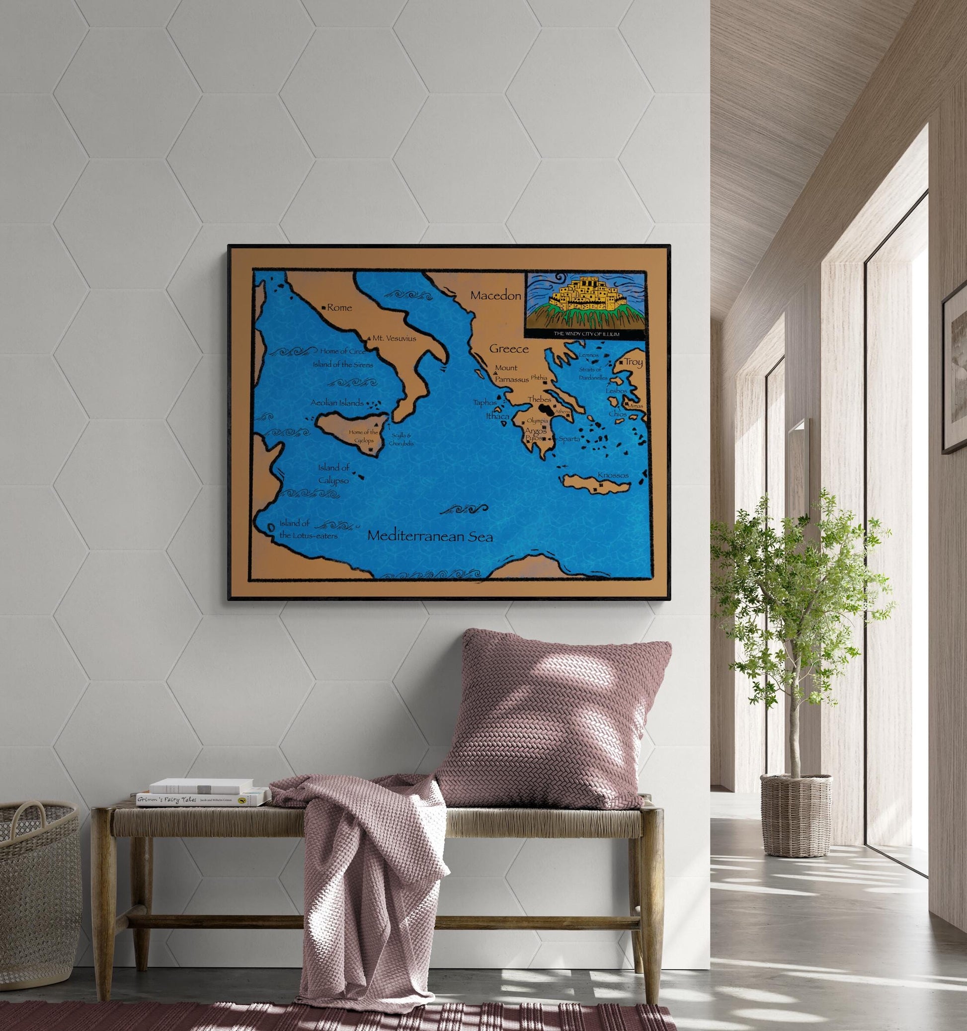 Odyssey Art Print | Map of Odysseus Journey | Ancient Greek Mythology | Literary | Homer's Epic Adventure Myth | Home Decor Poster