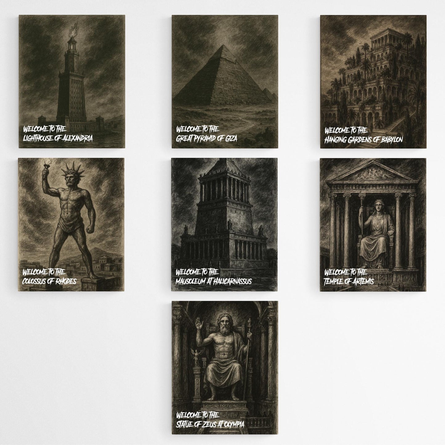 Seven Wonders of the Ancient World Art Prints – Dark Academia Gothic Sketch Series | Travel | Cultural History Home Decor | Wall Art Poster
