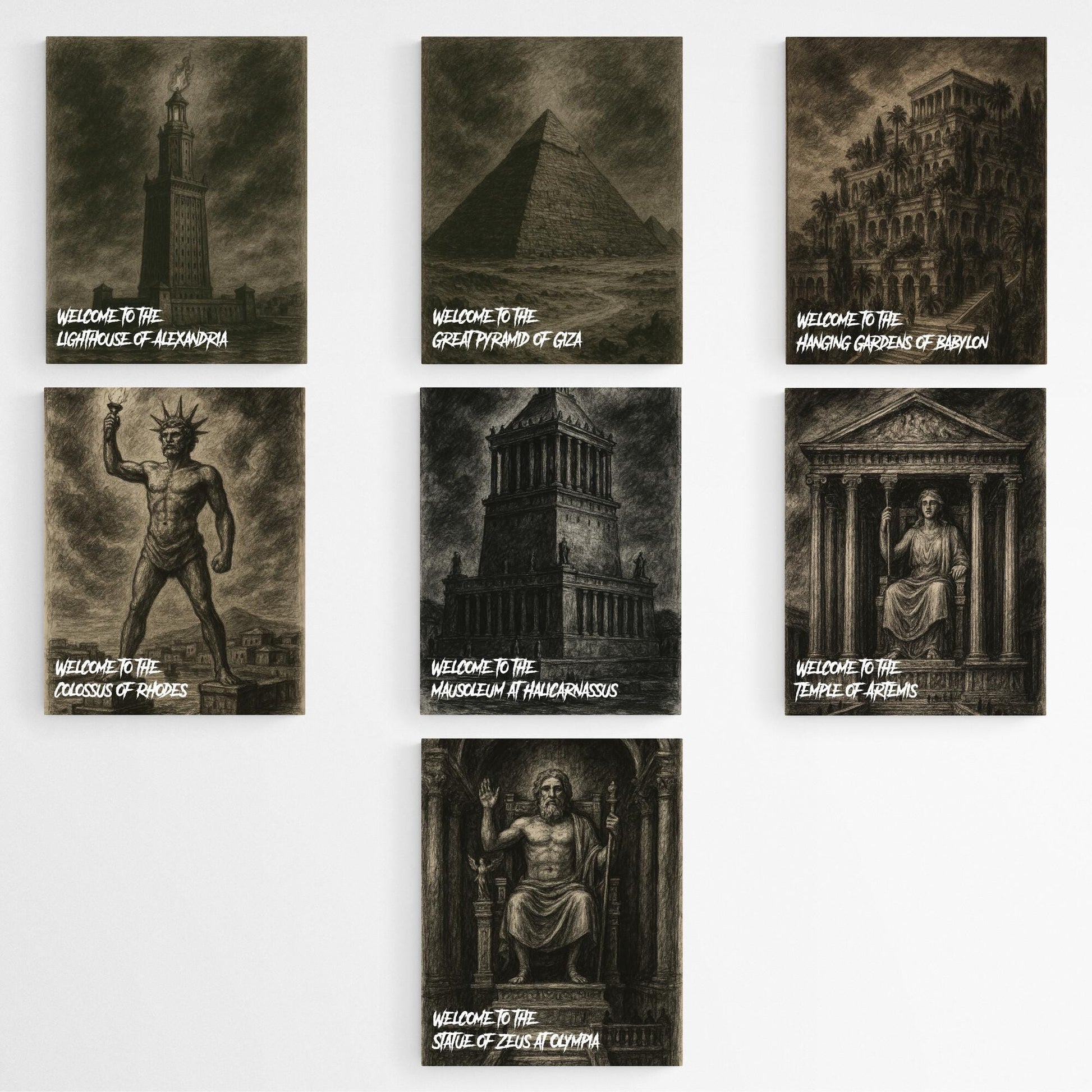 Seven Wonders of the Ancient World Art Prints – Dark Academia Gothic Sketch Series | Travel | Cultural History Home Decor | Wall Art Poster