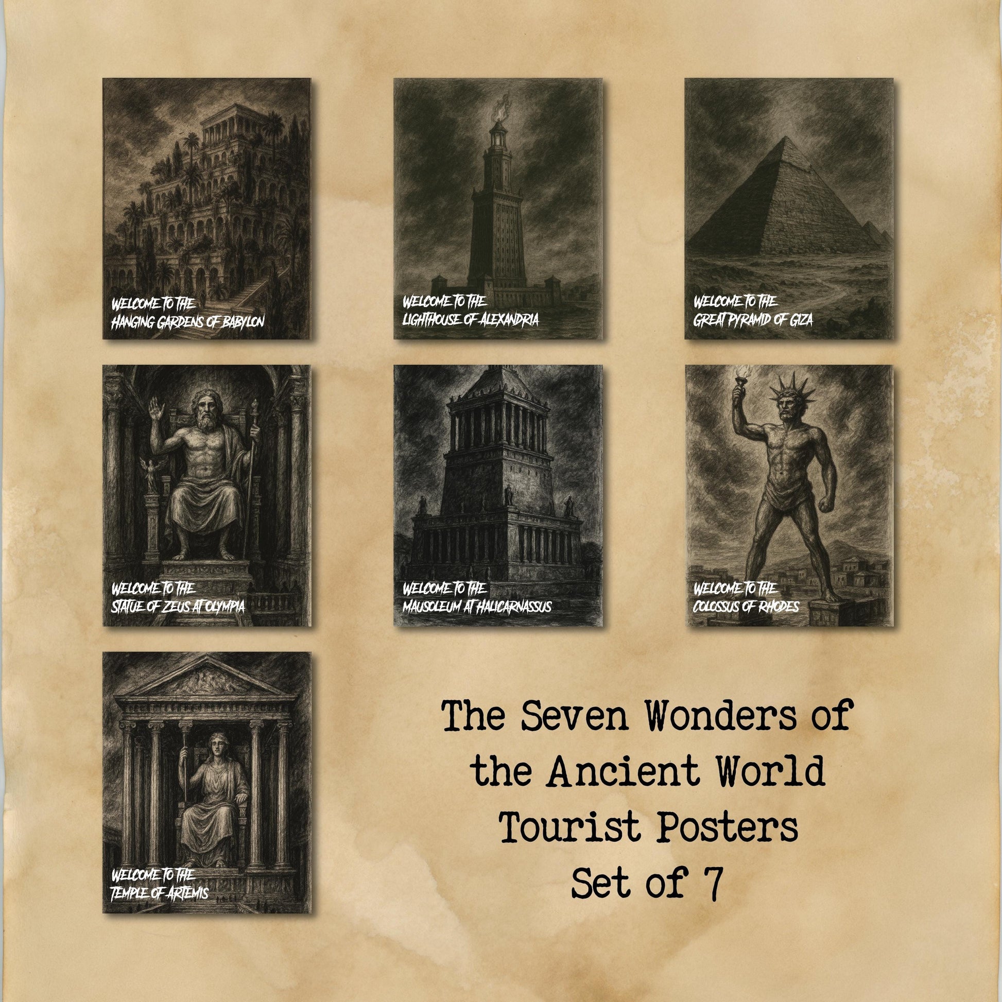 Seven Wonders of the Ancient World Art Prints – Dark Academia Gothic Sketch Series | Travel | Cultural History Home Decor | Wall Art Poster