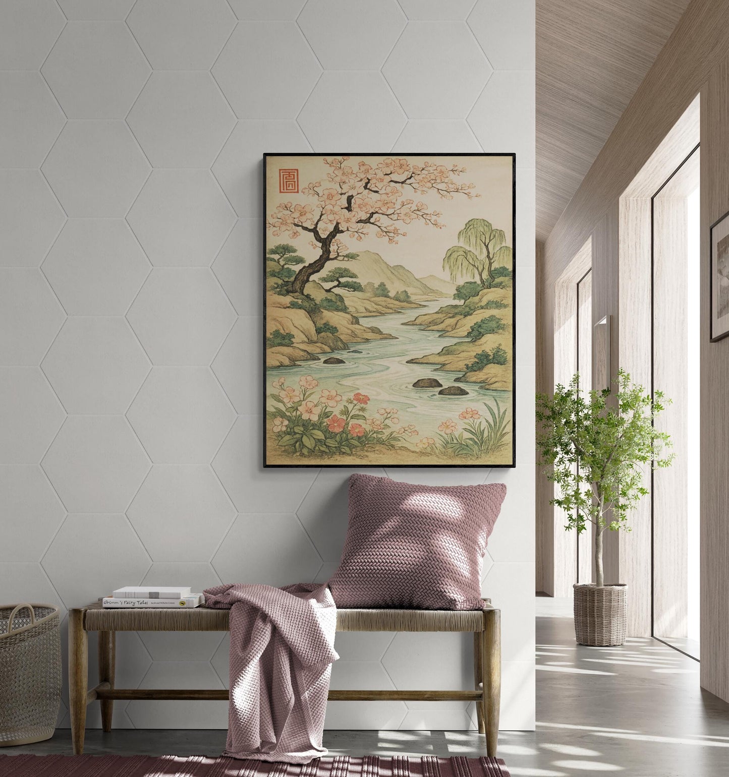 Cherry Blossom River Art Print – Living Room Home Decor – Vintage-Inspired Asian Nature Landscape Scene – Tranquil Botanical Wall Decor