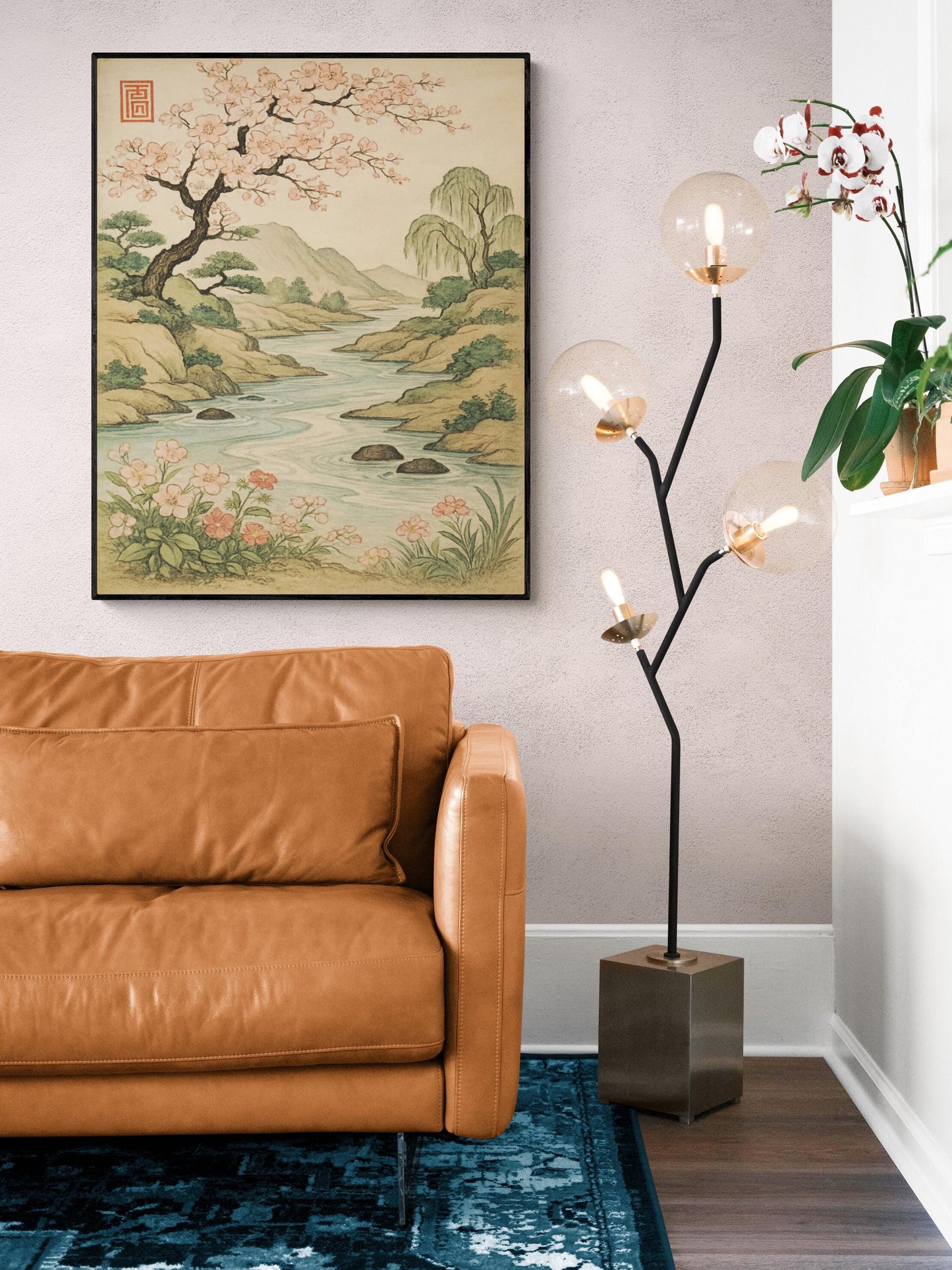 Cherry Blossom River Art Print – Living Room Home Decor – Vintage-Inspired Asian Nature Landscape Scene – Tranquil Botanical Wall Decor