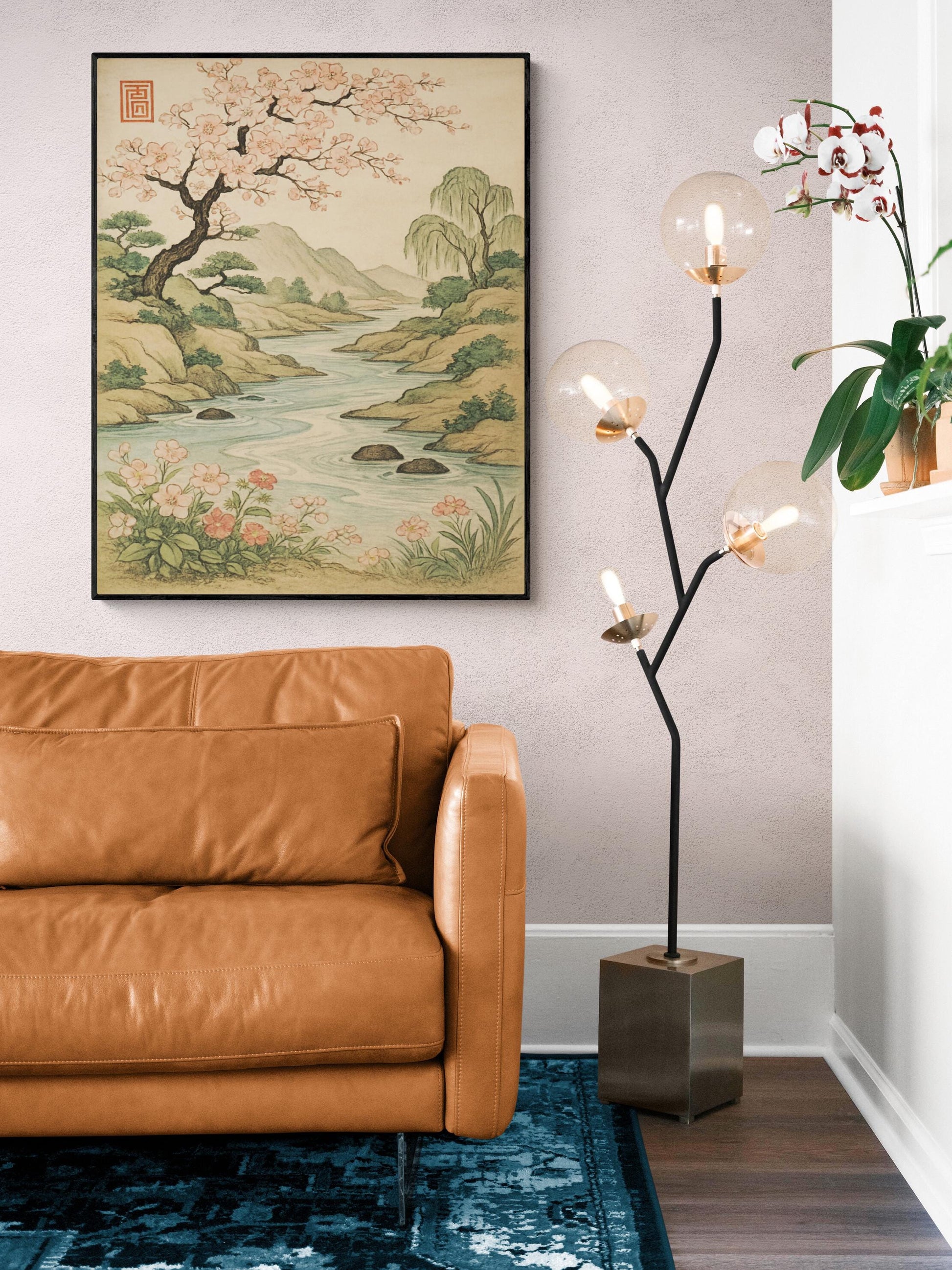 Cherry Blossom River Art Print – Living Room Home Decor – Vintage-Inspired Asian Nature Landscape Scene – Tranquil Botanical Wall Decor
