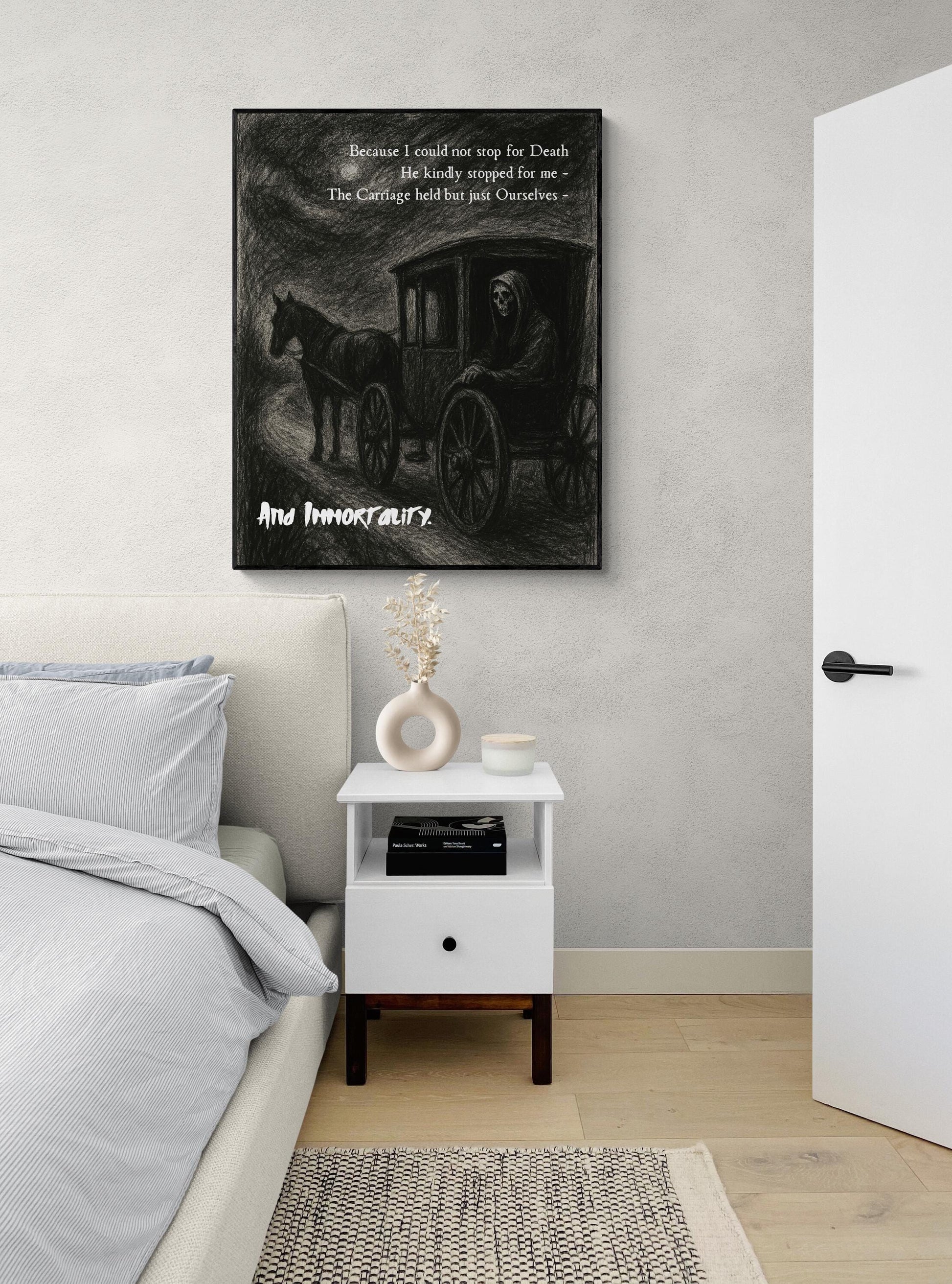 Emily Dickinson Quote Art Print | Because I Could Not Stop For Death | Poem | Gothic Dark Academia | Poetry | Literary | Motivational Poster
