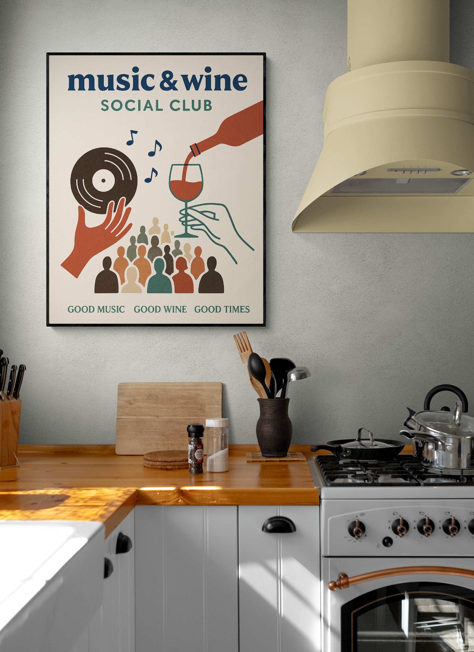 Kitchen Music Art Print | Wine and Music Social Club Bar | Wine Vintage Record | Mid-Century Modern | Home Decor | Retro Music Poster