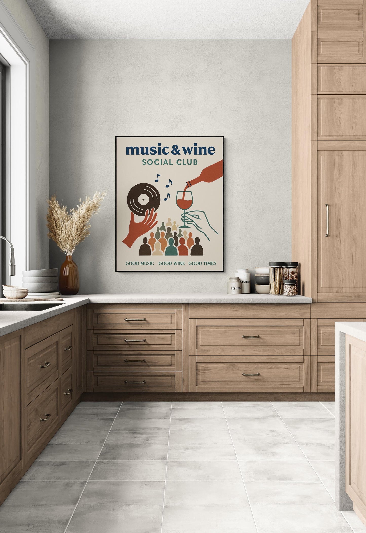 Kitchen Music Art Print | Wine and Music Social Club Bar | Wine Vintage Record | Mid-Century Modern | Home Decor | Retro Music Poster