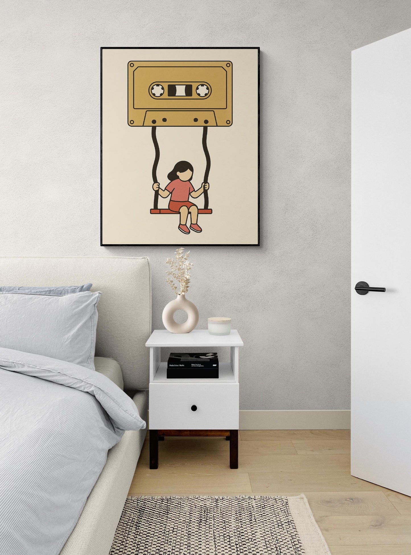 Retro Music Art Print | Cassette Tape Girl on a Swing | Child Kid Mixtape | Inspirational | Home Decor | Poster