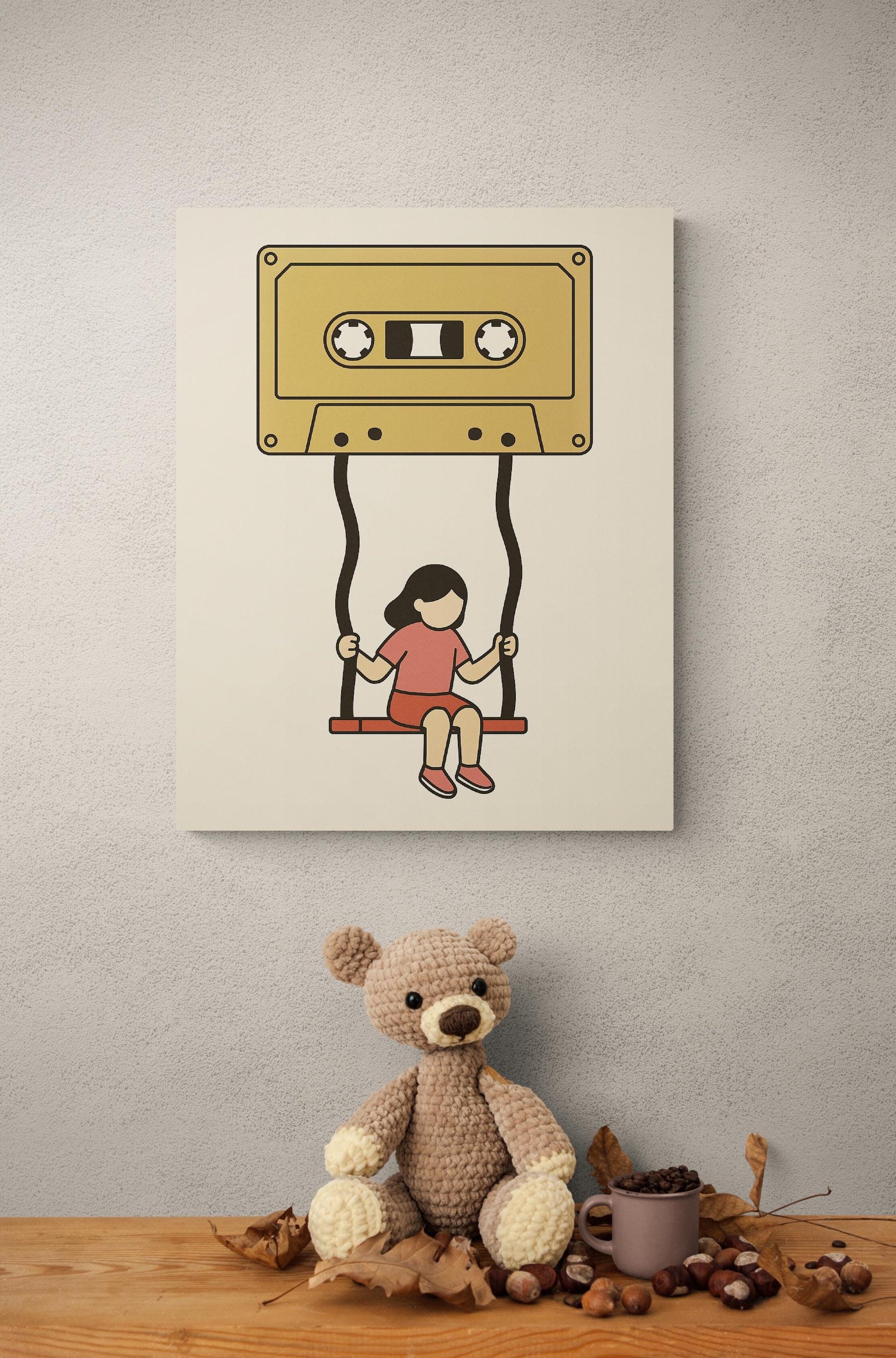 Retro Music Art Print | Cassette Tape Girl on a Swing | Child Kid Mixtape | Inspirational | Home Decor | Poster