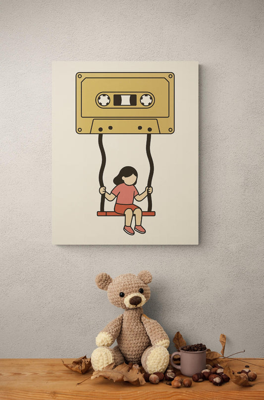 Retro Music Art Print | Cassette Tape Girl on a Swing | Child Kid Mixtape | Inspirational | Home Decor | Poster