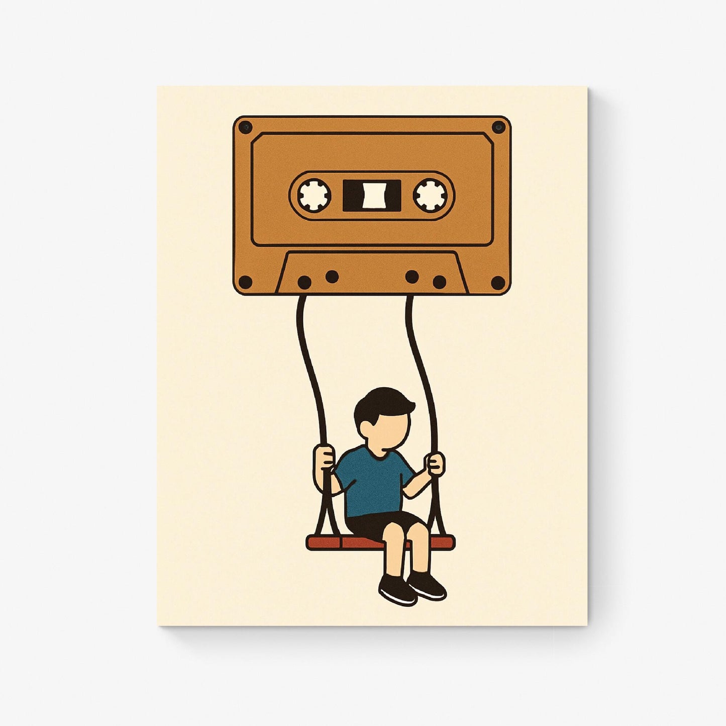 Retro Music Art Print | Cassette Tape Boy on a Swing | Child Kid Mixtape | Living Room | Home Decor | Poster