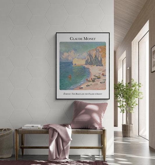 Claude Monet Art Print – Etretat Beach and Falaise d’Amont – Impressionist Coastal Landscape Reproduction – Home Decor Poster