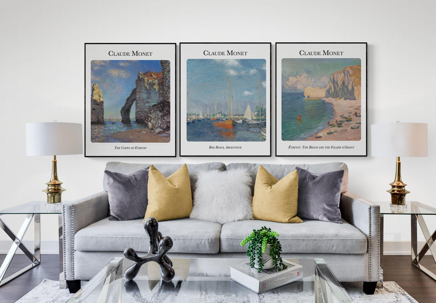 Claude Monet Coastal Art Print Set – Red Boats, Cliffs of Étretat, and Falaise d’Amont – Set of 3 Impressionist Reproductions – Wall Decor