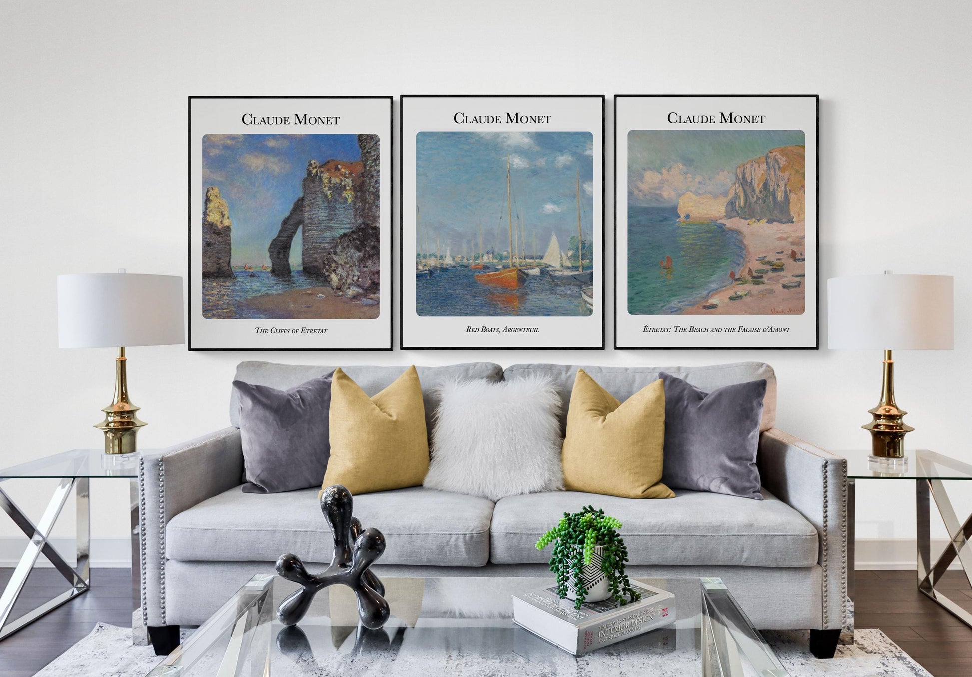 Claude Monet Coastal Art Print Set – Red Boats, Cliffs of Étretat, and Falaise d’Amont – Set of 3 Impressionist Reproductions – Wall Decor