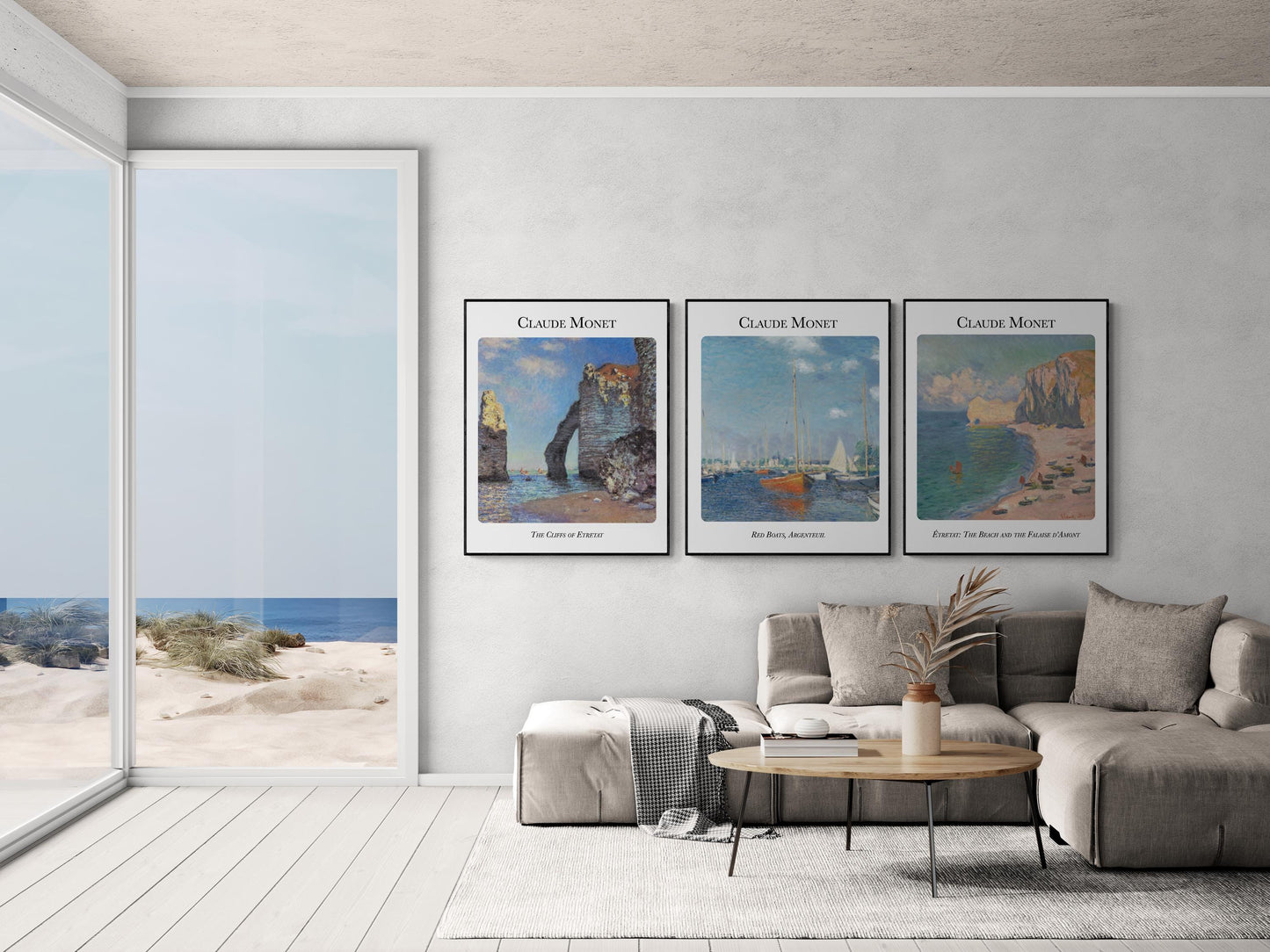 Claude Monet Coastal Art Print Set – Red Boats, Cliffs of Étretat, and Falaise d’Amont – Set of 3 Impressionist Reproductions – Wall Decor