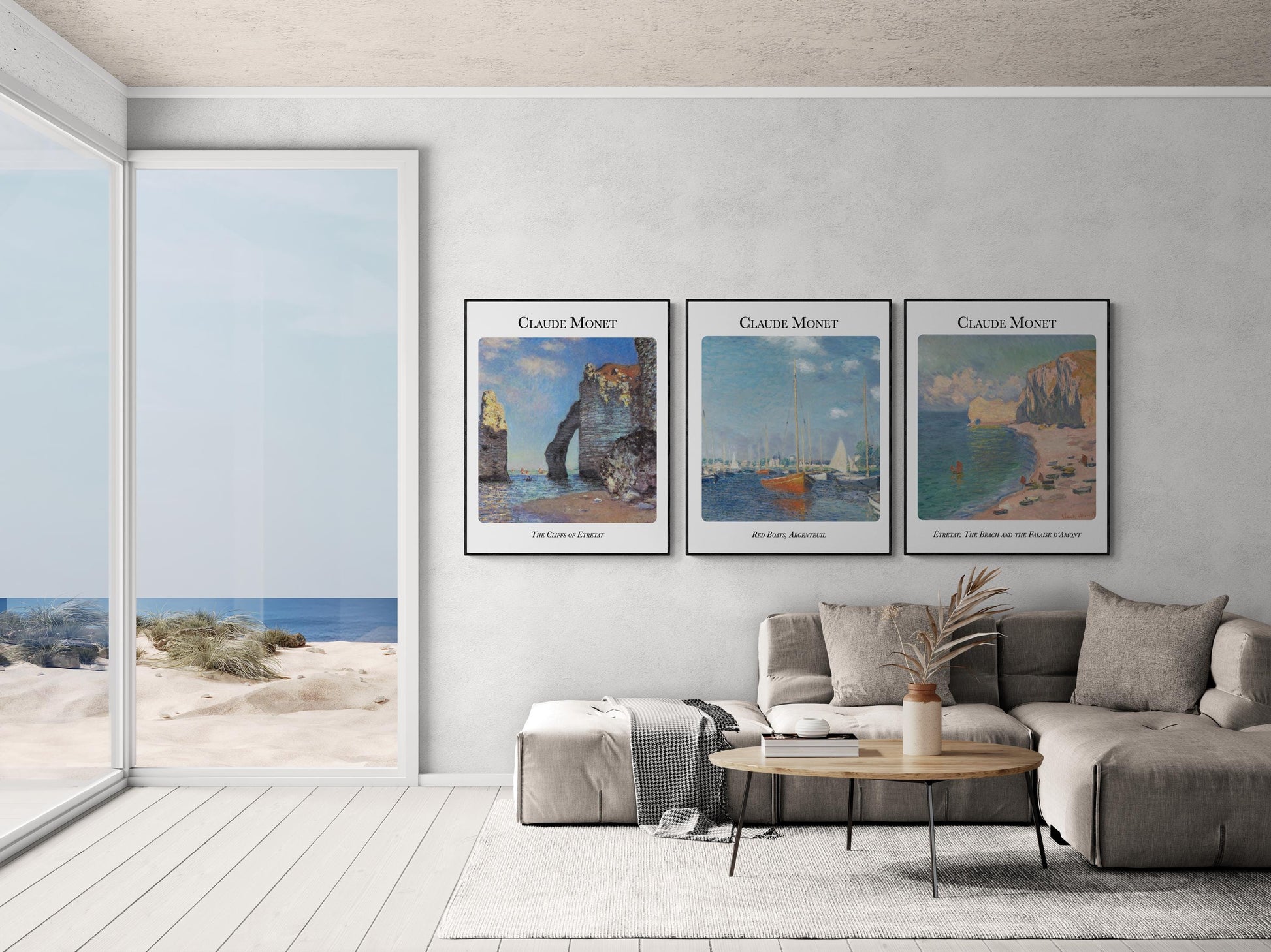 Claude Monet Coastal Art Print Set – Red Boats, Cliffs of Étretat, and Falaise d’Amont – Set of 3 Impressionist Reproductions – Wall Decor