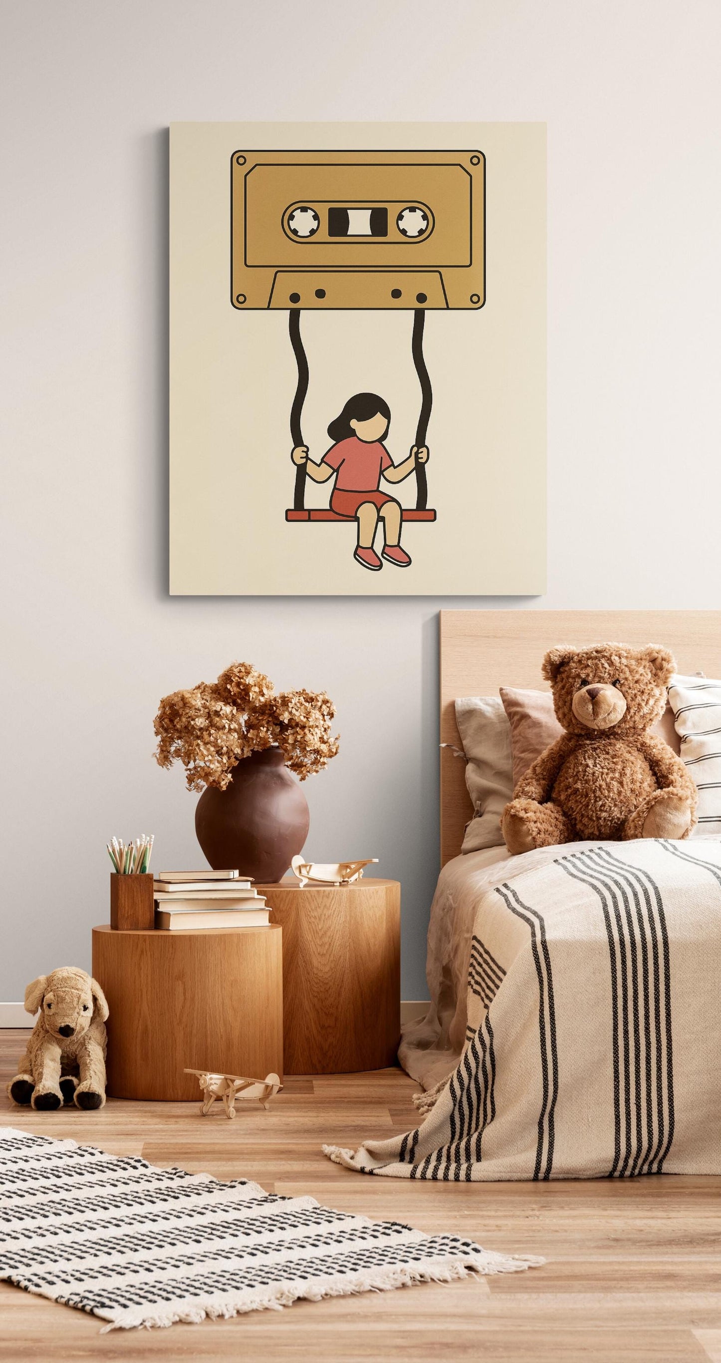 Retro Music Art Print | Cassette Tape Girl on a Swing | Child Kid Mixtape | Inspirational | Home Decor | Poster