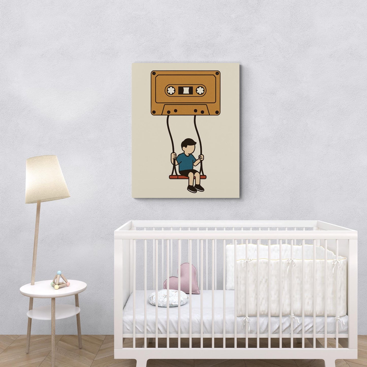 Retro Music Art Print | Cassette Tape Boy on a Swing | Child Kid Mixtape | Living Room | Home Decor | Poster