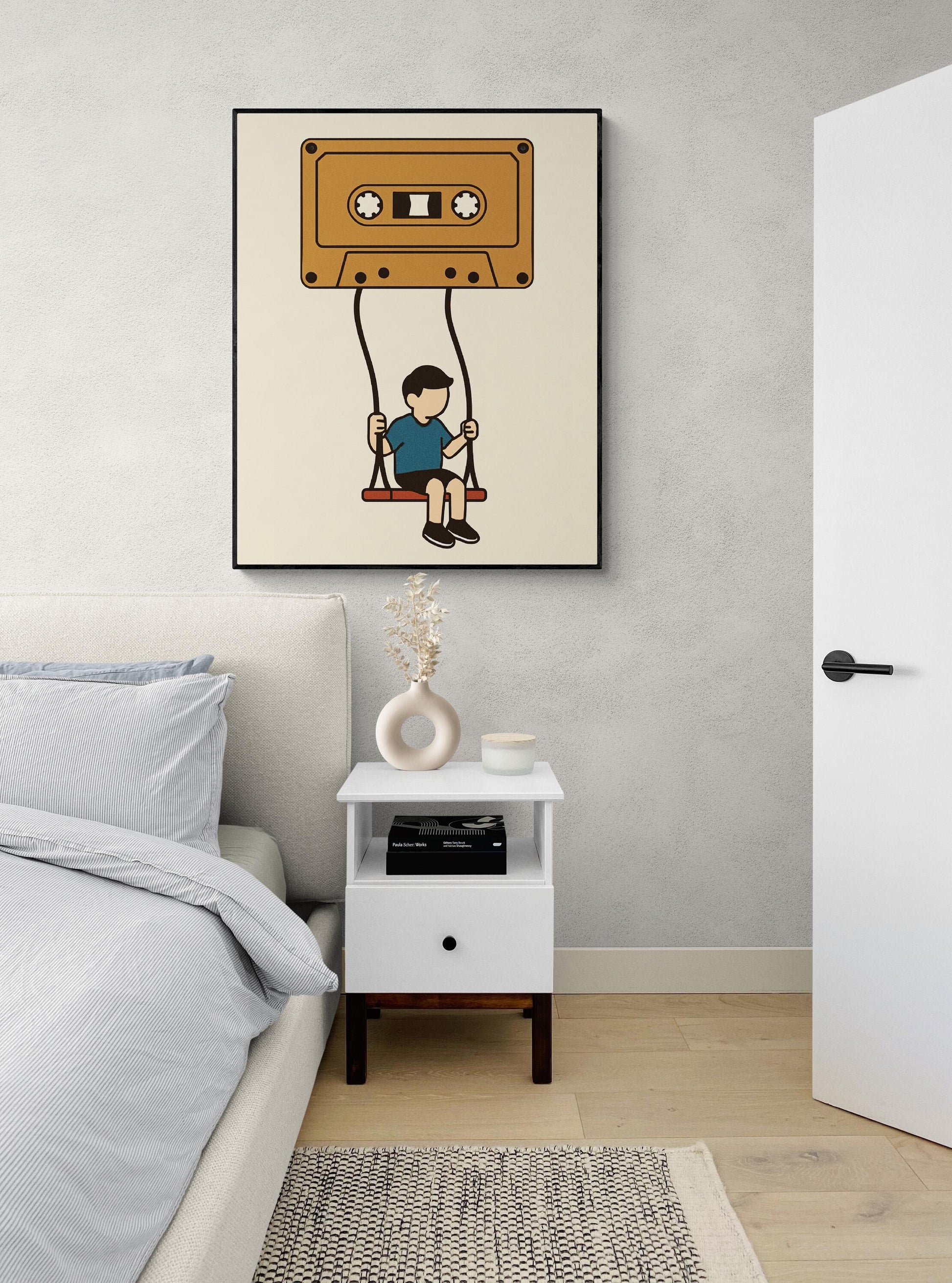 Retro Music Art Print | Cassette Tape Boy on a Swing | Child Kid Mixtape | Living Room | Home Decor | Poster