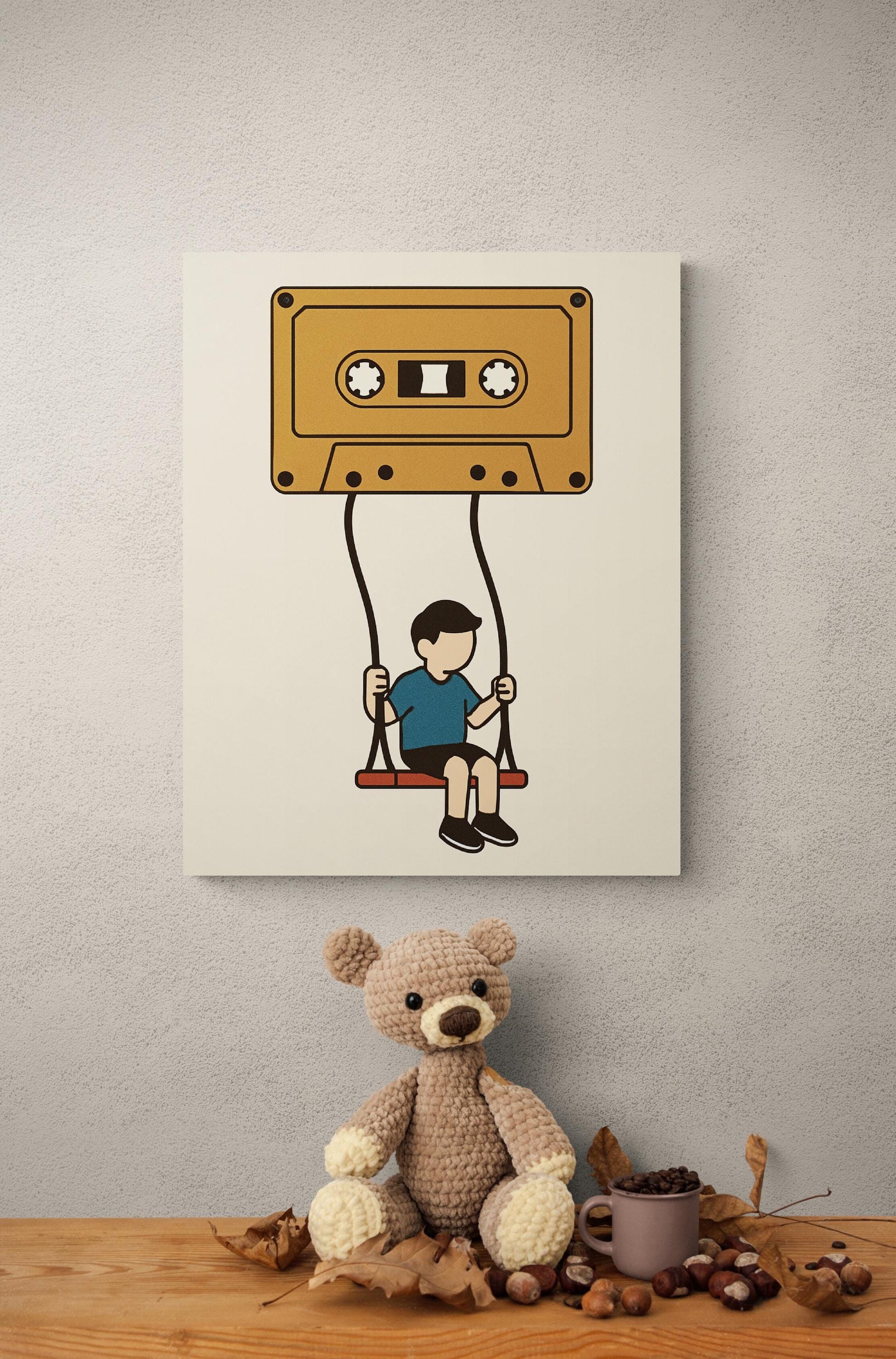 Retro Music Art Print | Cassette Tape Boy on a Swing | Child Kid Mixtape | Living Room | Home Decor | Poster