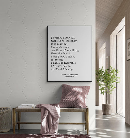 Jane Austen Quote Art Print | Pride and Prejudice | There Is No Enjoyment Like Reading | Library Literary Home Decor | Vintage Poster