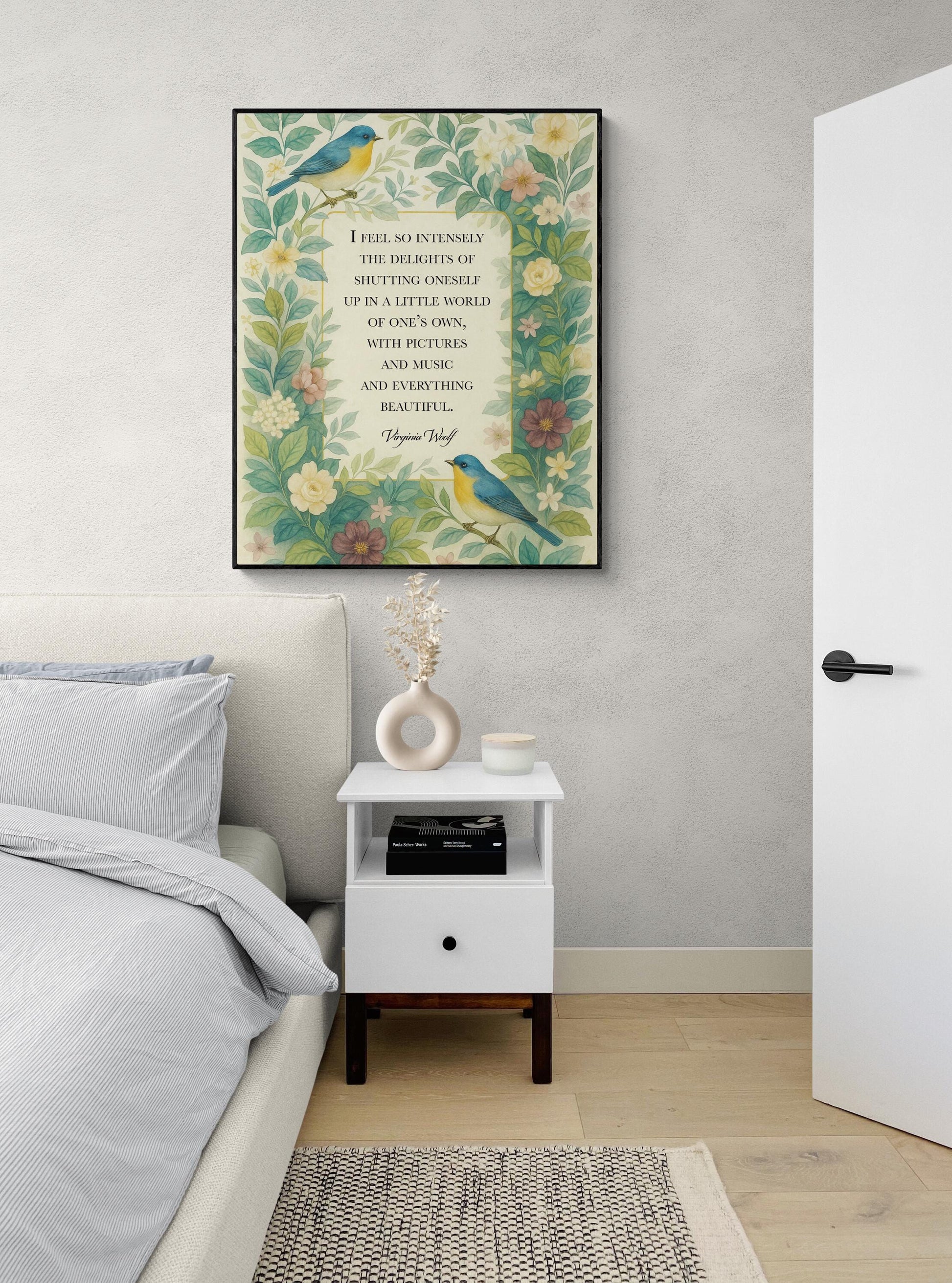 Virginia Woolf Quote Art Print | A Little World Of Ones Own | Floral Bluebirds | Botanical Literary | Home Decor | Vintage Poster