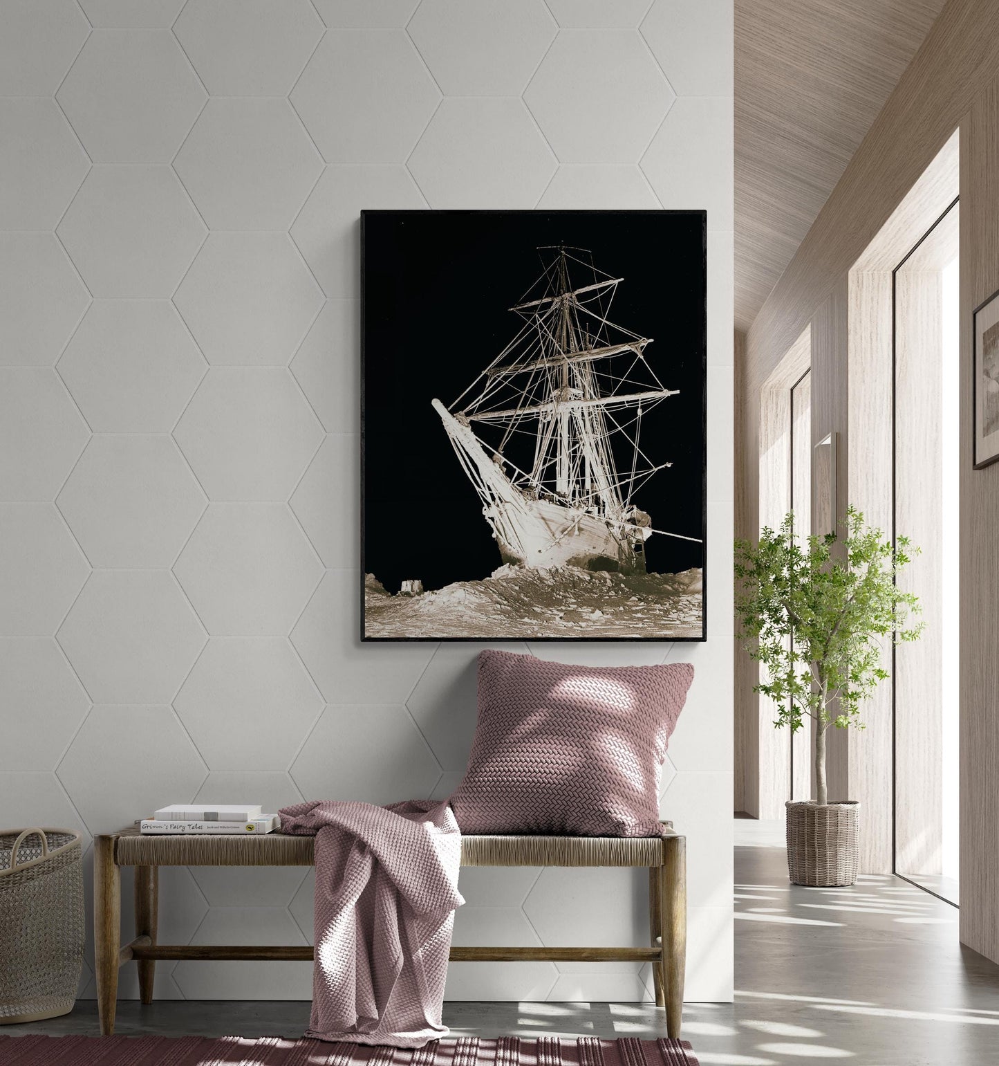 Endurance Ship Art Print – Shackleton’s 1915 Antarctic Expedition – Nighttime Icebound Vintage Sepia Maritime Wall Home Decor – Poster