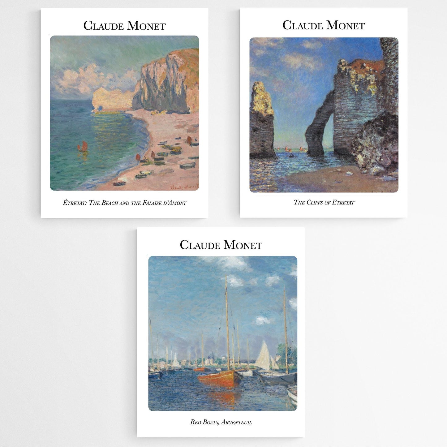 Claude Monet Coastal Art Print Set – Red Boats, Cliffs of Étretat, and Falaise d’Amont – Set of 3 Impressionist Reproductions – Wall Decor