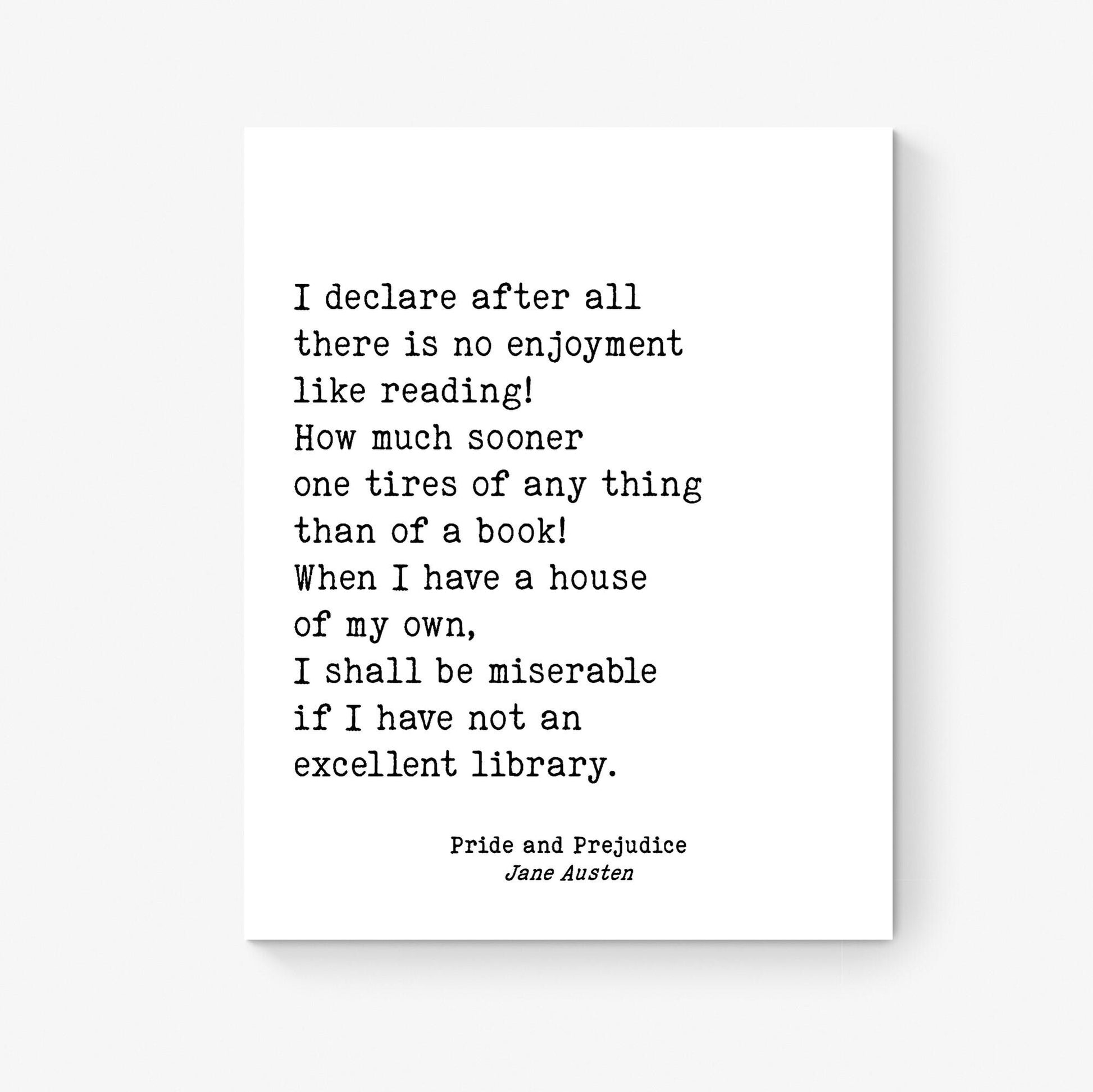 Jane Austen Quote Art Print | Pride and Prejudice | There Is No Enjoyment Like Reading | Library Literary Home Decor | Vintage Poster