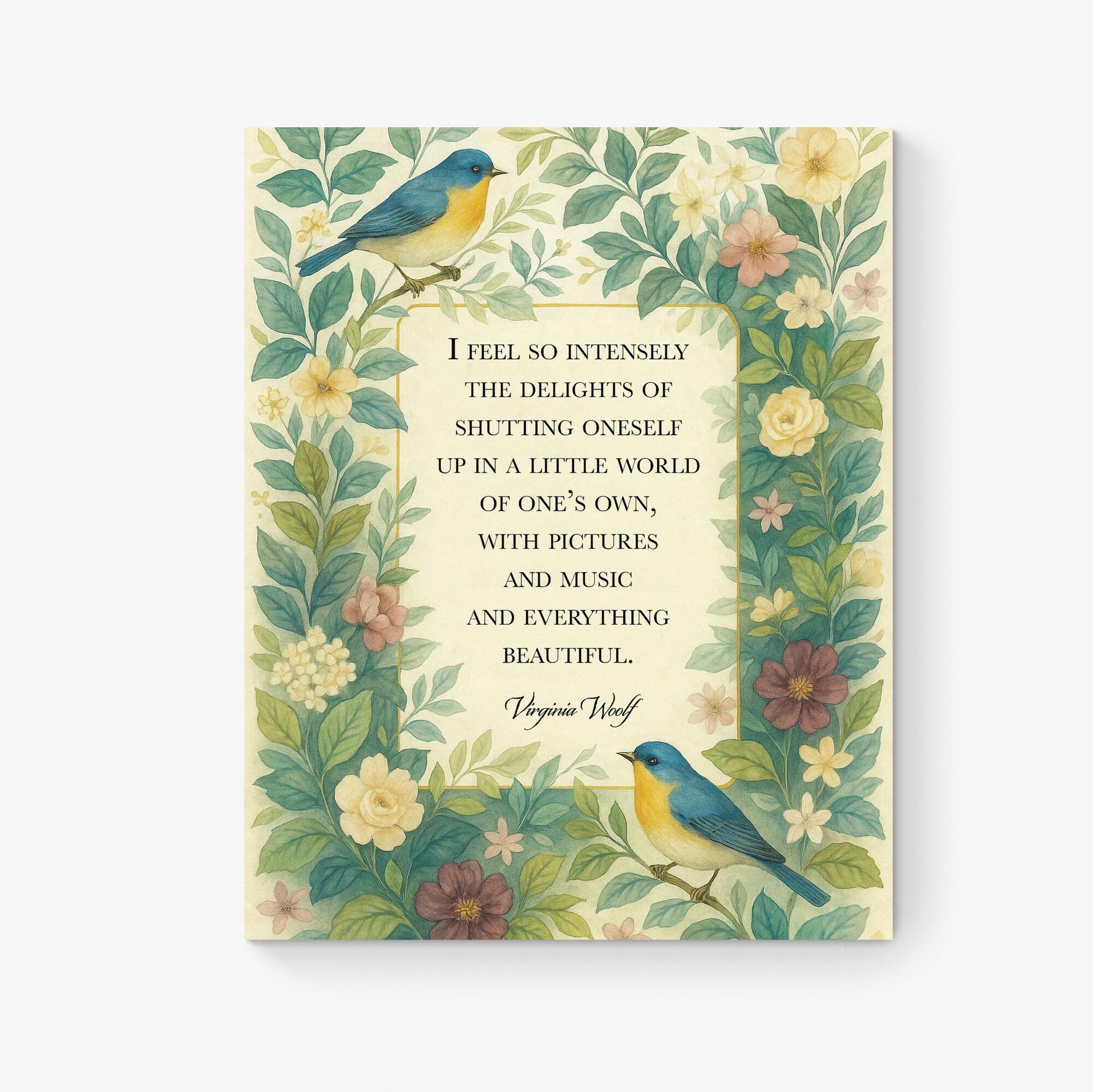 Virginia Woolf Quote Art Print | A Little World Of Ones Own | Floral Bluebirds | Botanical Literary | Home Decor | Vintage Poster